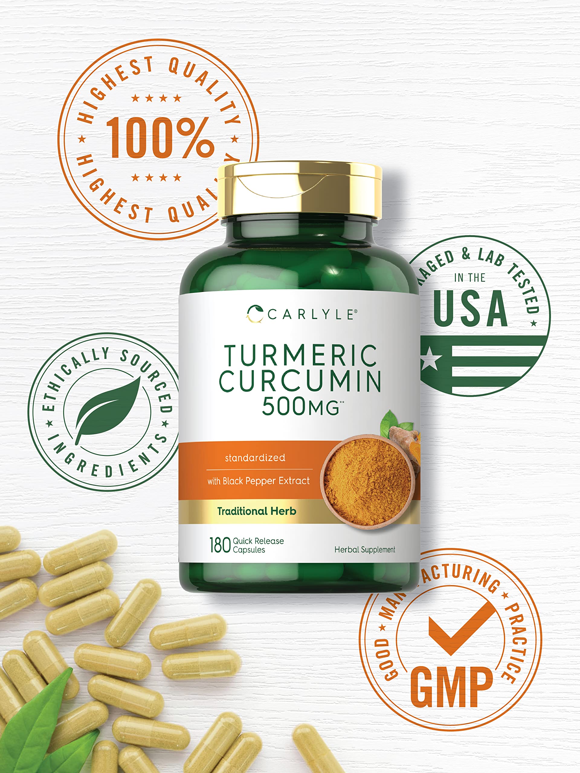 Carlyle Curcumine – référence sans OGM et sans gluten sur l'étiquette.