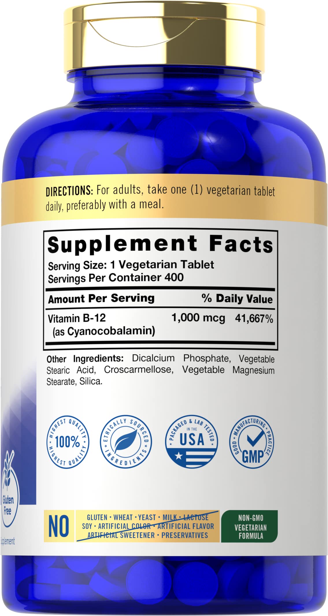 Étiquette Carlyle B12 1000 mcg—informations claires, sans gluten