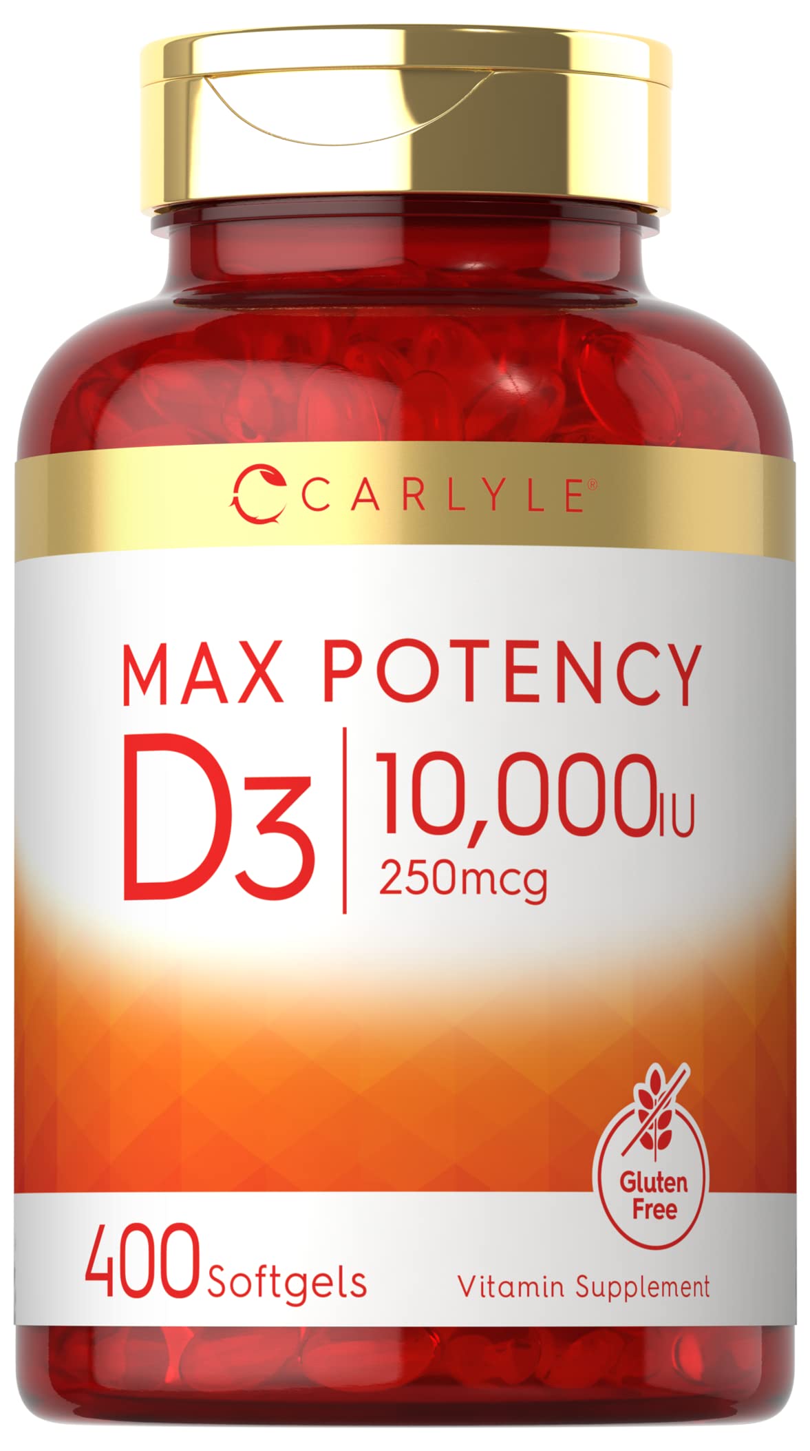 Carlyle vitamine D3 10000 UI – bouteille et gélules molles, soutien quotidien potentiel.