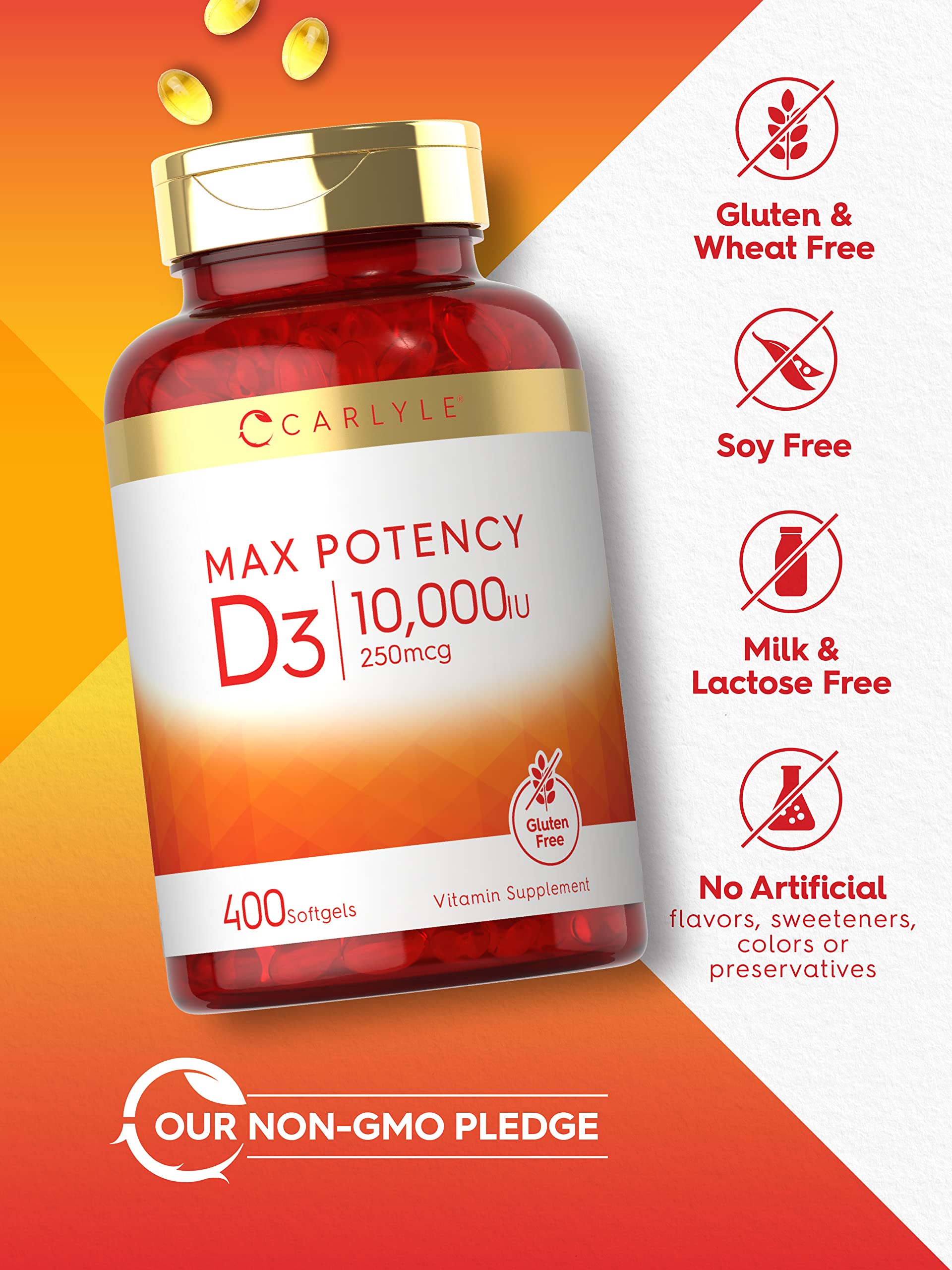Carlyle vitamine D3 10000 UI – sans gluten et sans OGM, ingrédients propres.