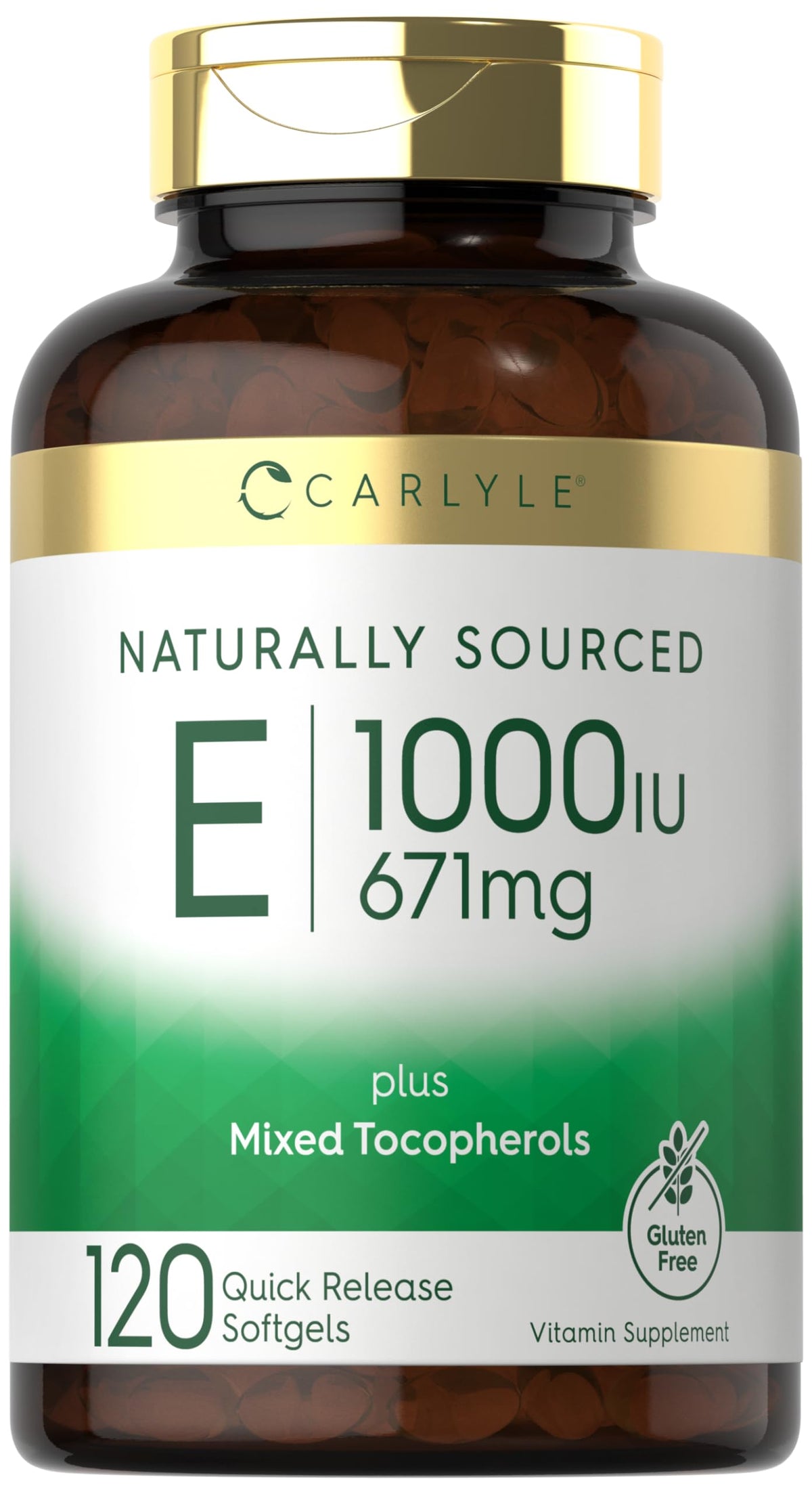 Gélules Carlyle vitamine E 1000 UI dans une bouteille, faciles à avaler.