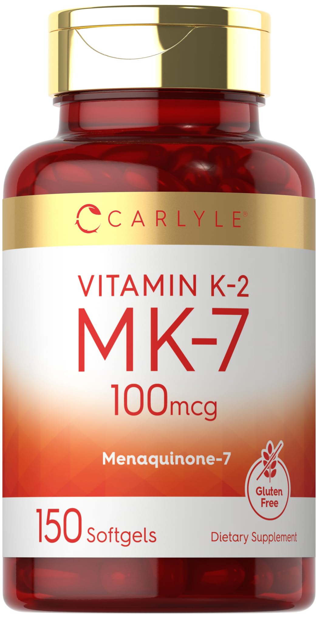 Carlyle Vitamine K2 MK7, bouteille de gelules molles, dosage quotidien pratique.