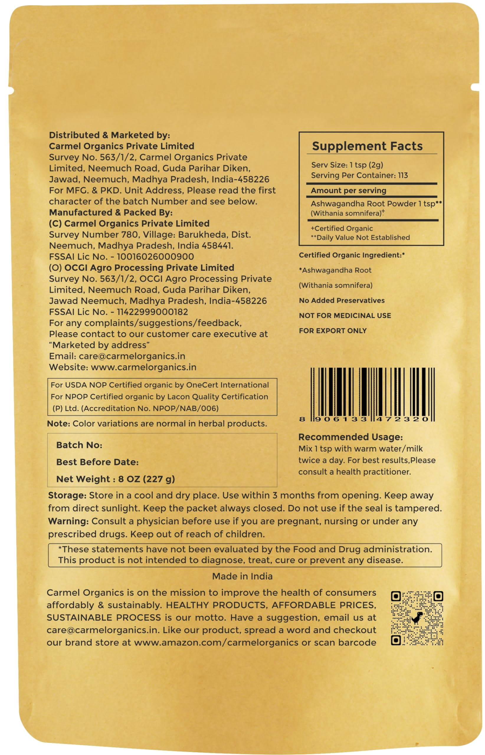Carmel Organics Ashwagandha poudre – origine indienne, richesse naturelle et héritage botanique.