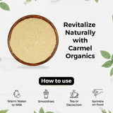 Carmel Organics Ashwagandha poudre – pot refermable, fraîcheur et qualité préservées.
