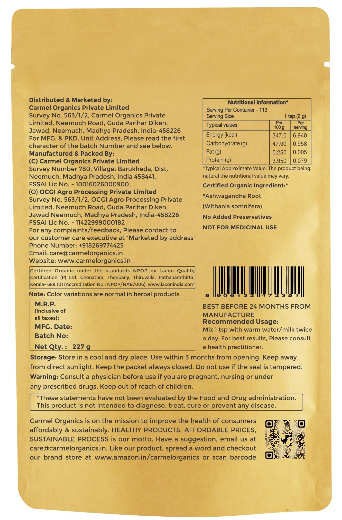 Carmel Organics Ashwagandha poudre – verre d'eau chaude, intégration facile dans le rituel.