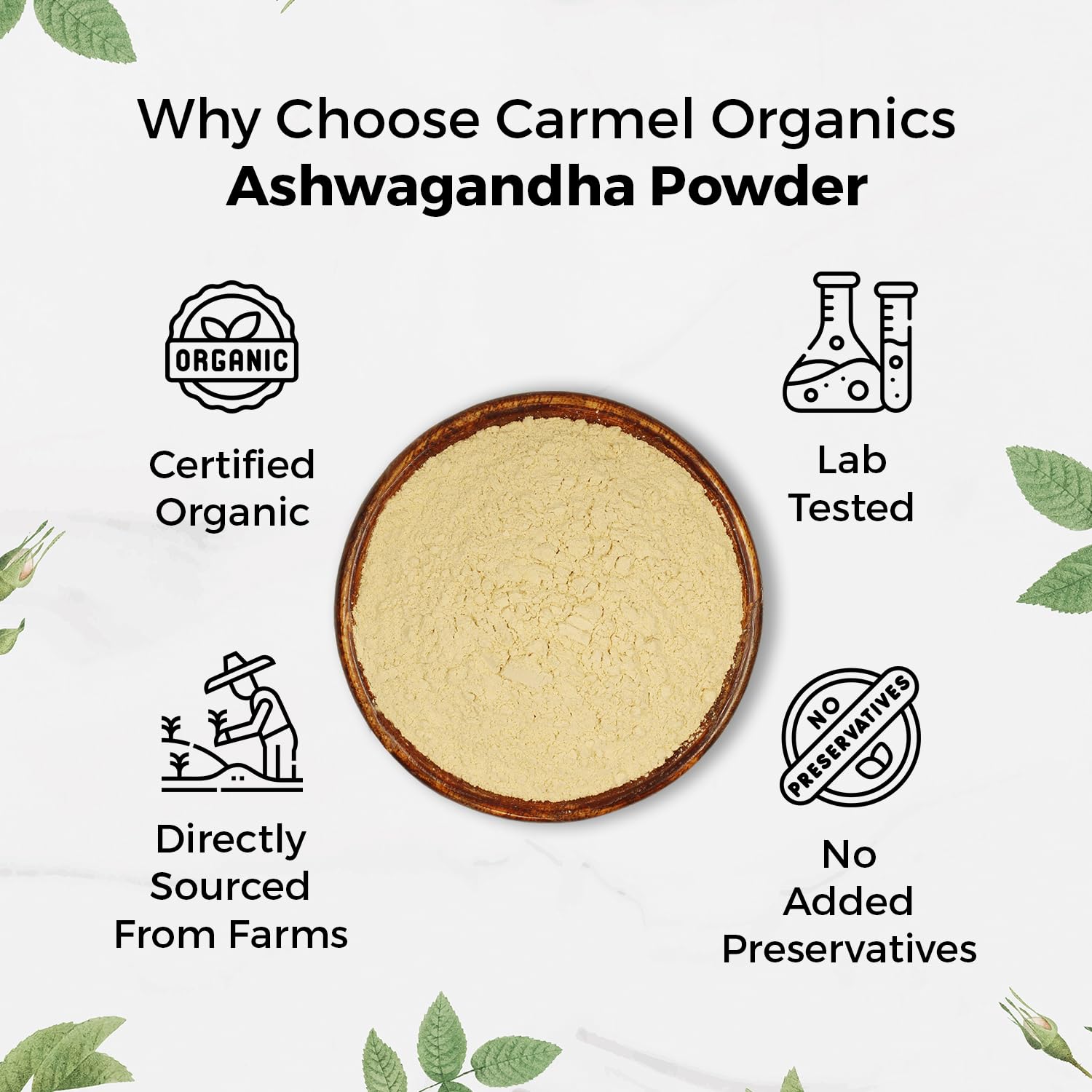 Carmel Organics Ashwagandha poudre – étiquette USDA certifiée, garantie de traçabilité.