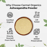 Carmel Organics Ashwagandha poudre – étiquette USDA certifiée, garantie de traçabilité.