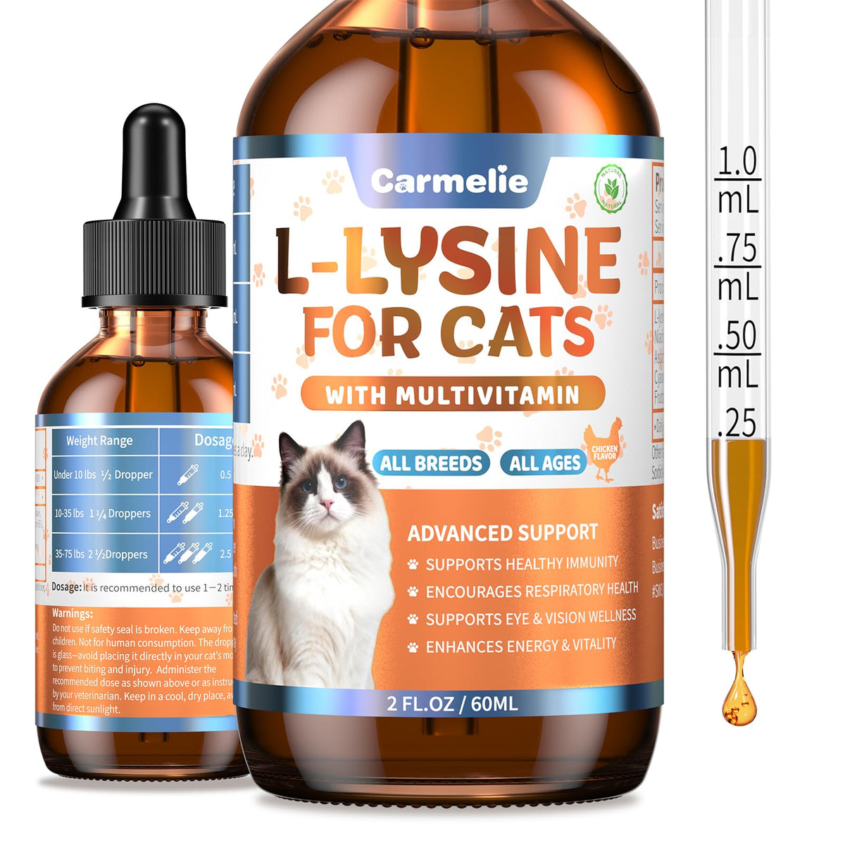 Carmelie L-Lysine pour chats: flacon pratique pour le soutien immunitaire quotidien.
