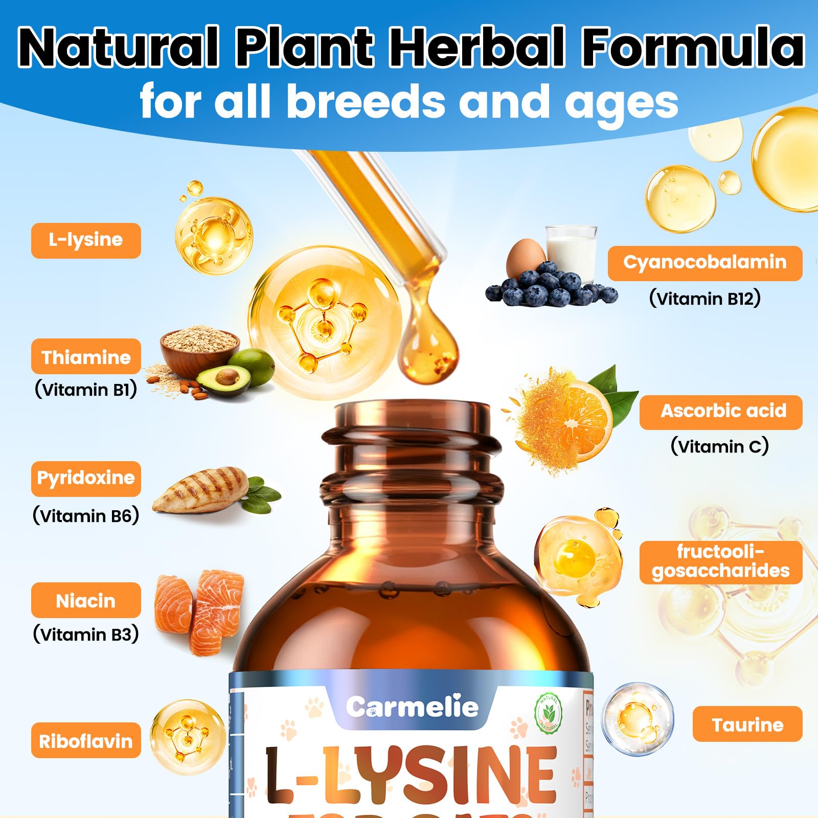 Étiquette Carmelie L-Lysine: ingrédients naturels et sans additifs artificiels pour le soutien immunitaire.