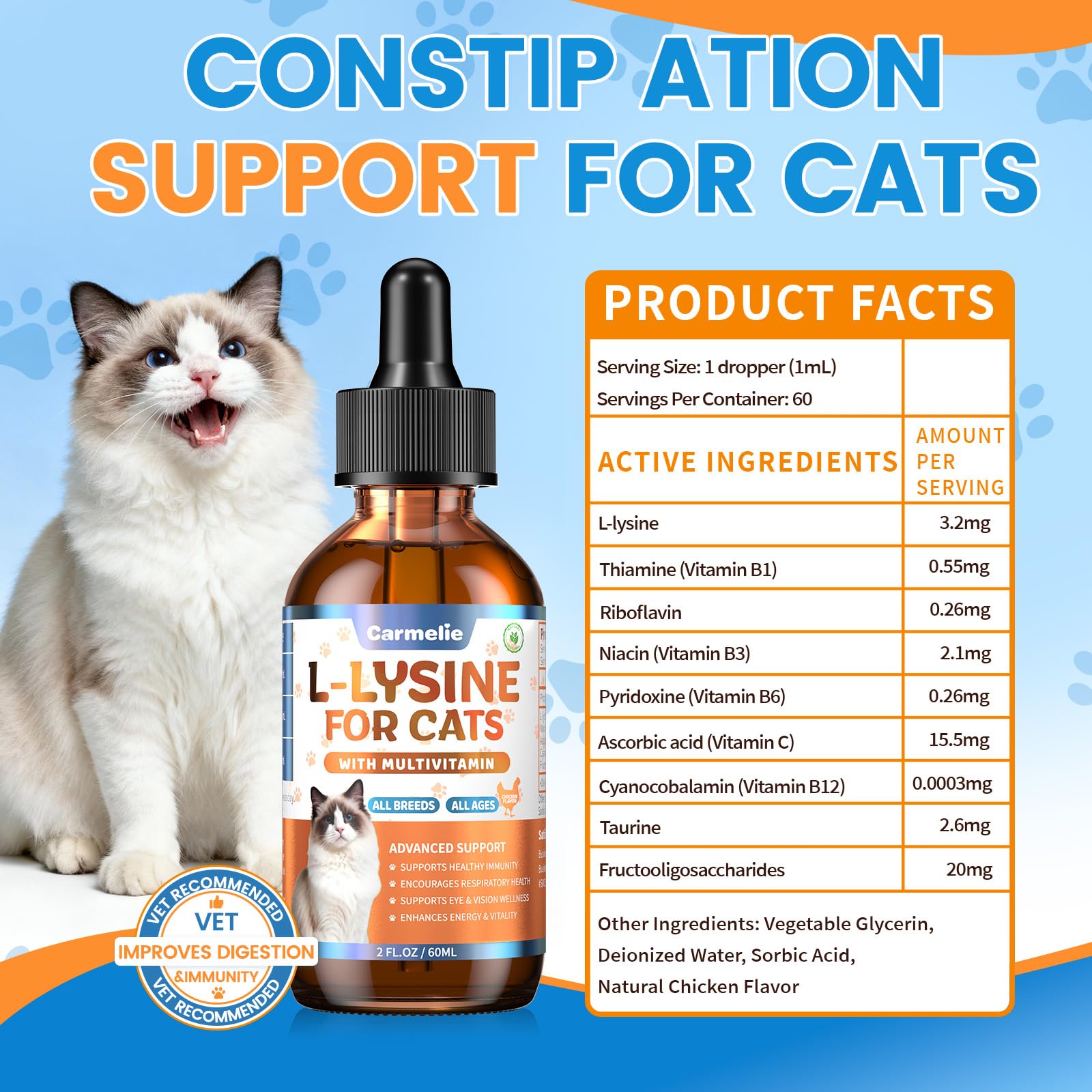 Chat en bonne santé avec Carmelie L-Lysine: routine quotidienne simplifiée.