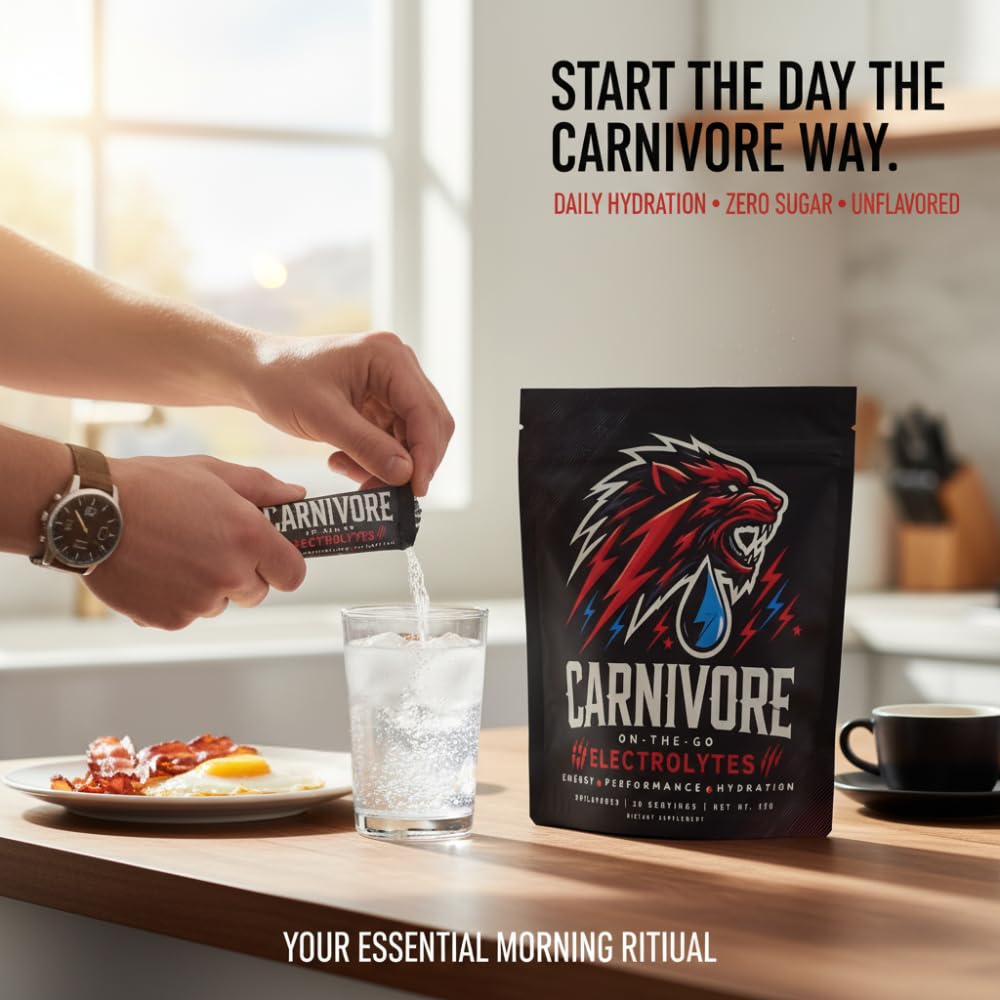 Carnivore On-The-Go Electrolytes: emballage portable pour hydratation en déplacement.