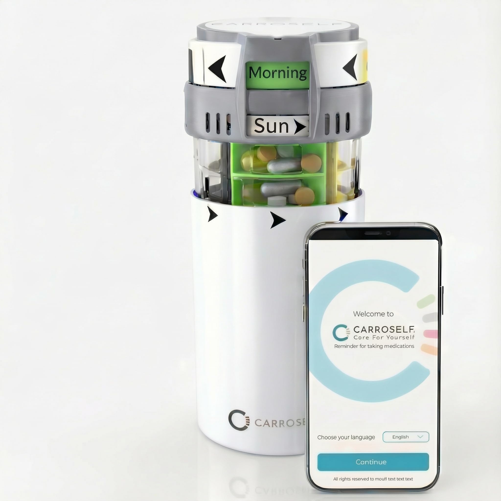 CARROSELF distributeur intelligent de pilules 4-doses facilite la prise régulière.