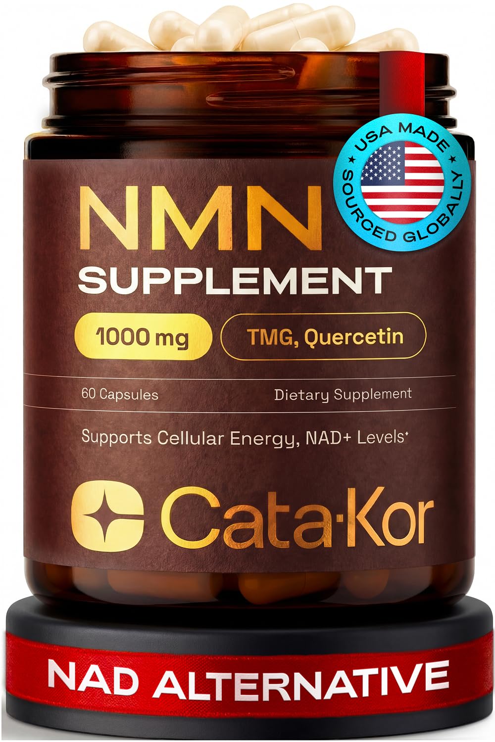 Cata-Kor NMN 1000 mg : flacon et capsules prêts à l'emploi pour énergie cellulaire.