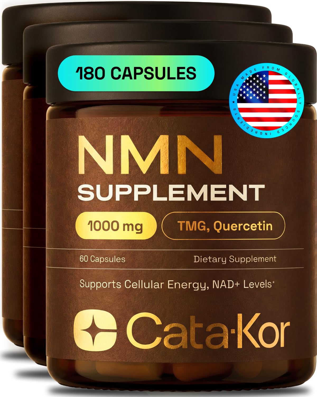 Cata-Kor NMN: bouteille de 180 capsules prête à soutenir l'énergie quotidienne.