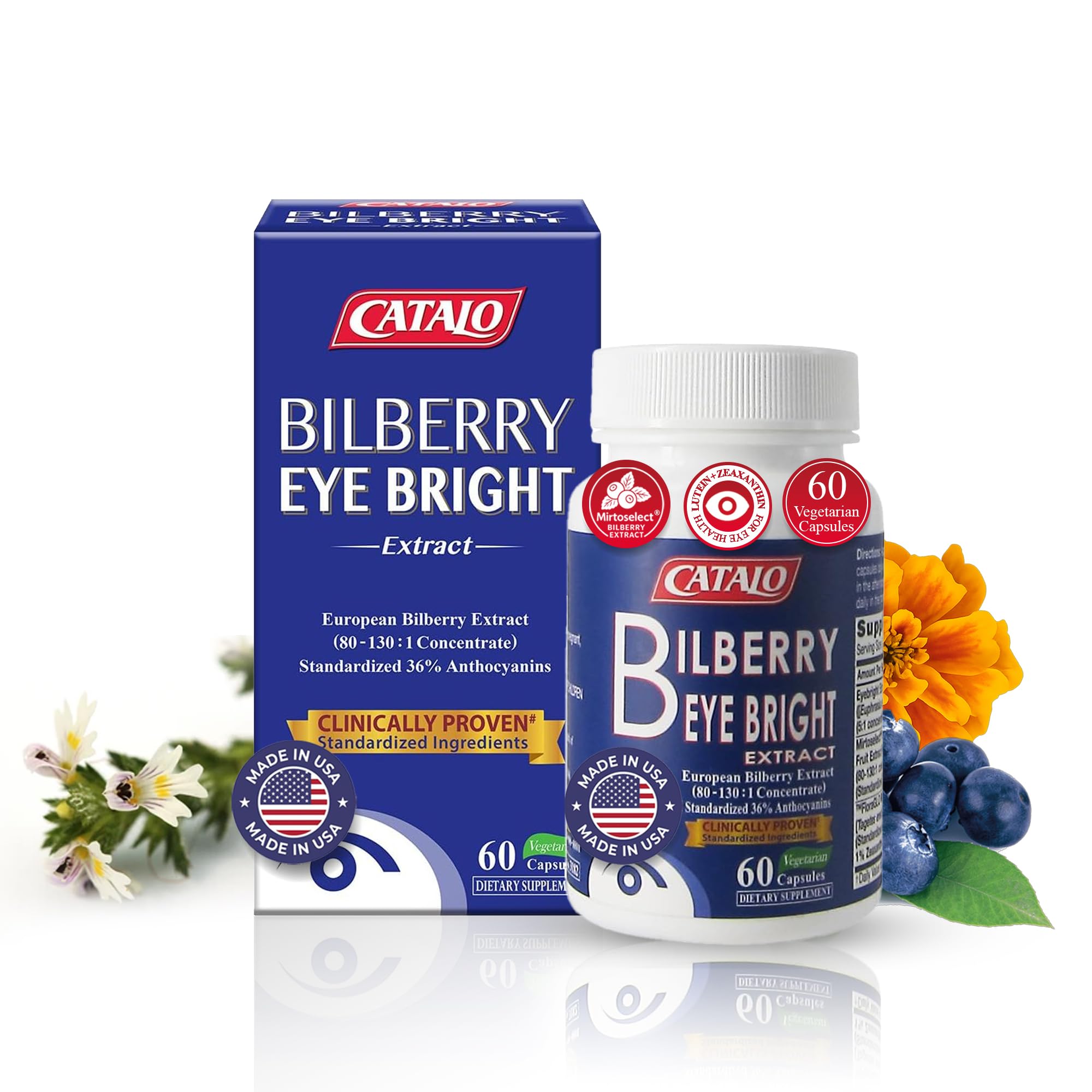 CATALO Bilberry Eyebright sur la bouteille et emballage, pratique pour une utilisation quotidienne.