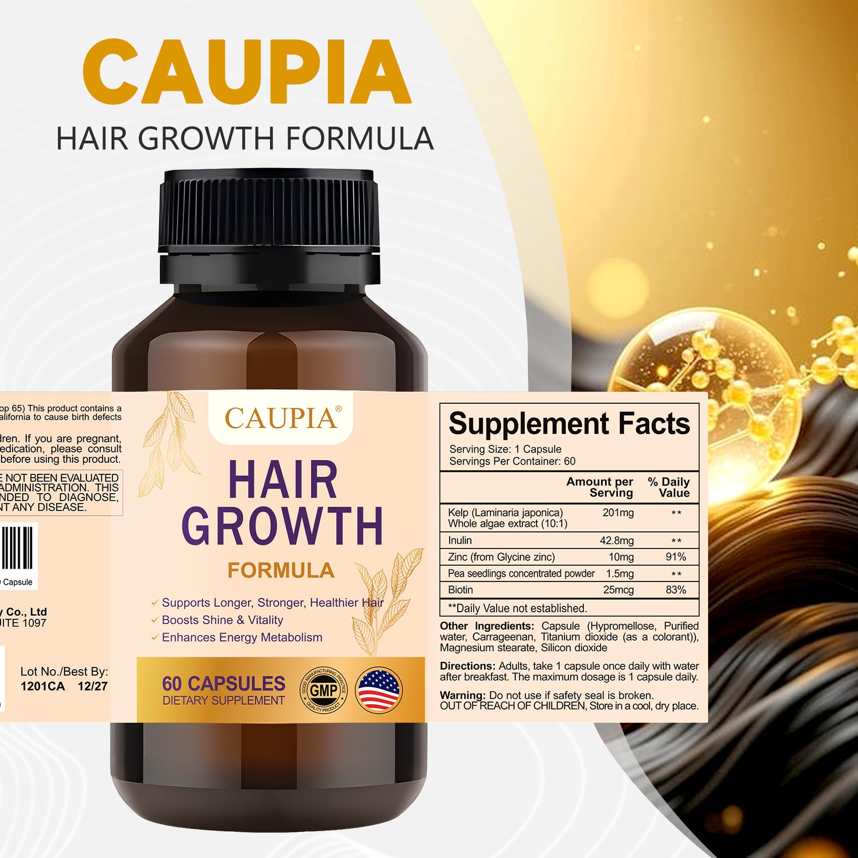 CAUPIA Hair Energy Capsules - cheveux brillants, résultats potentiels grâce à une routine régulière.