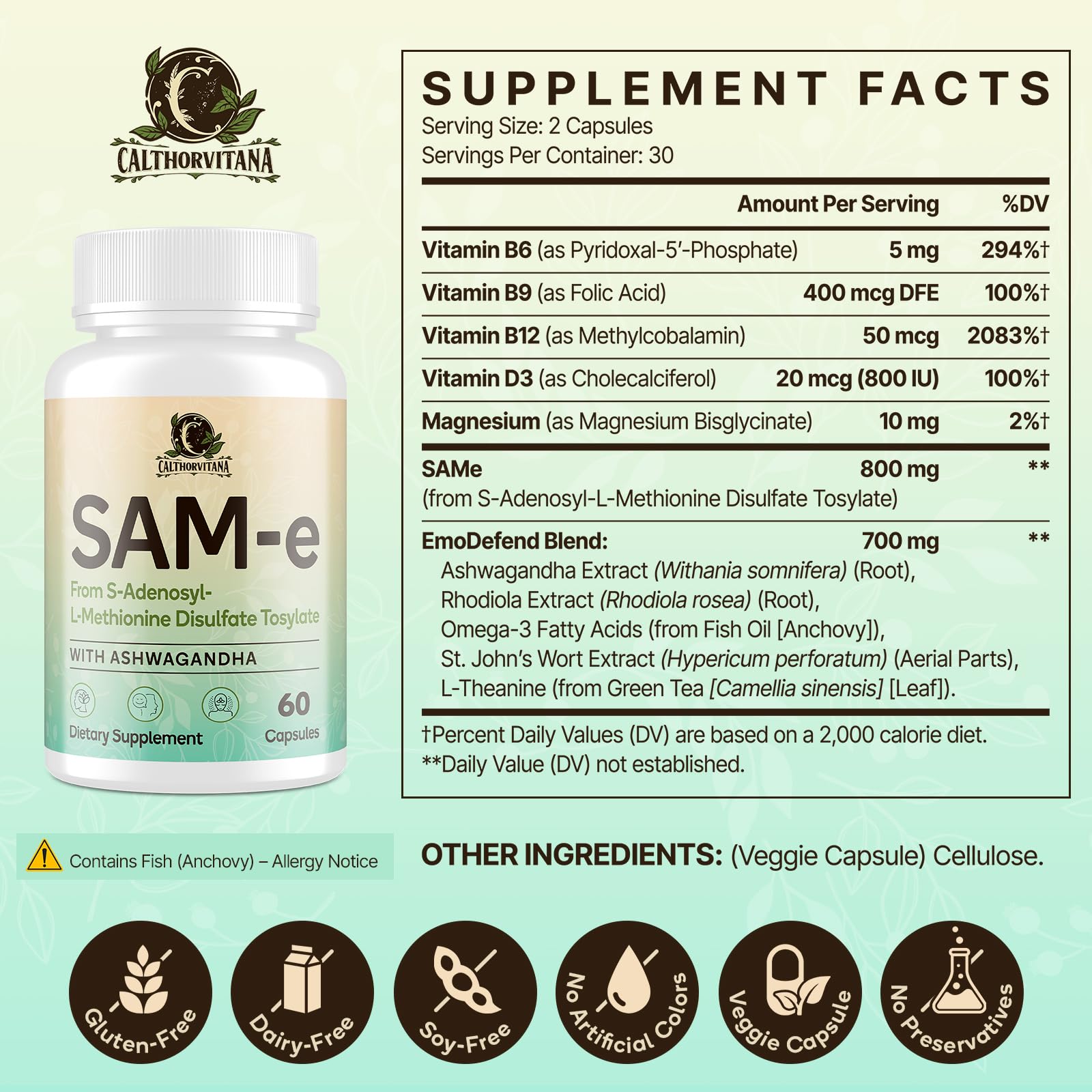 Vitamines B6, B9 et B12 visibles dans le mélange SAM-e de C Calthorvitana.