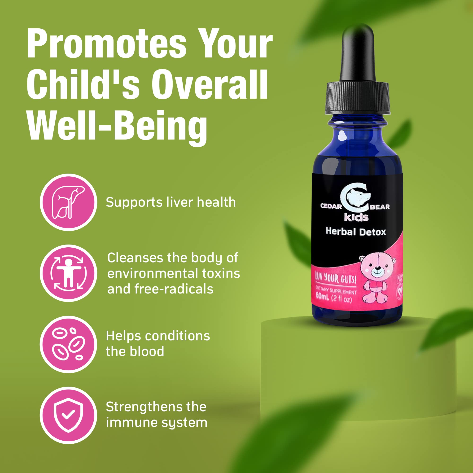 Ingrédients à base de plantes Cedar Bear Detox Enfants, association naturelle pour l'équilibre.