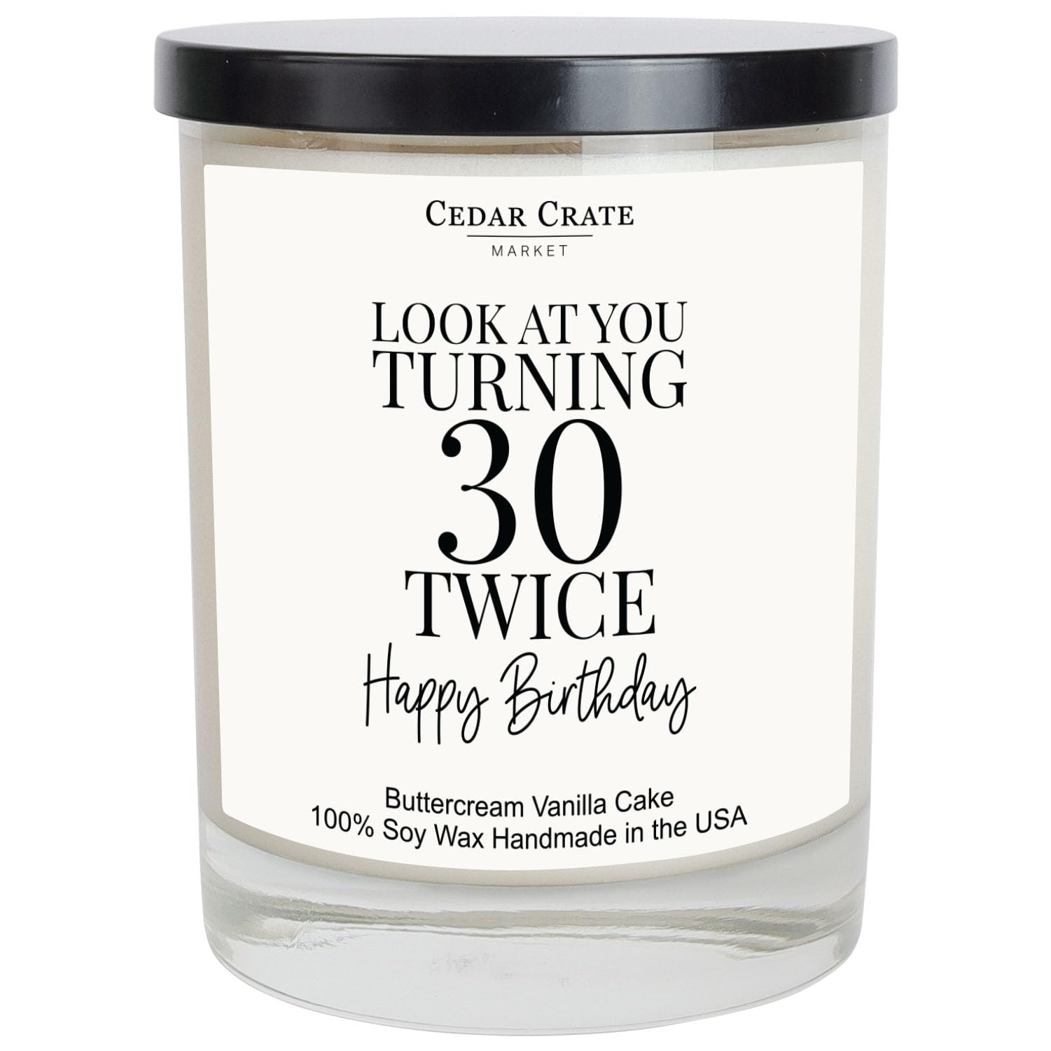 Bougie Cedar Crate Market 60e anniversaire, ambiance festive et chaleureuse.