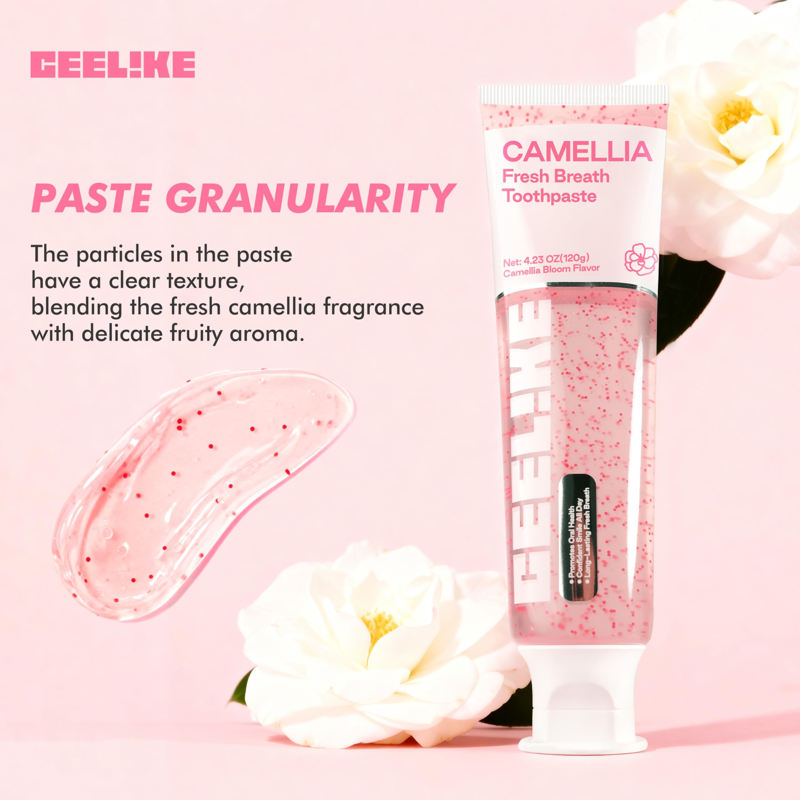 Taches roses visibles dans le gel CEELIKE Camellia, sensation luxueuse