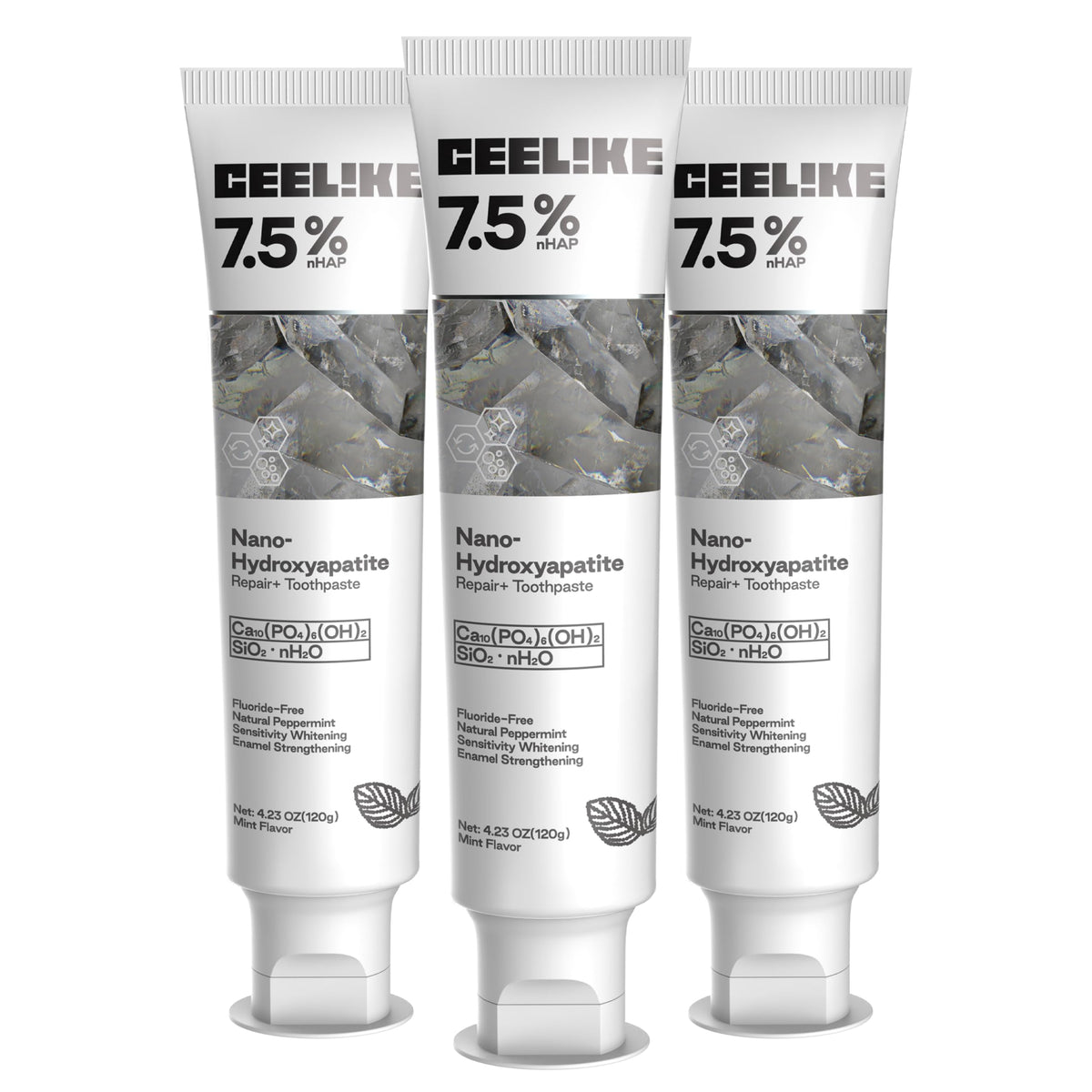 Dentifrice CEELIKE hydroxyapatite 7,5% – texture crèmeuse pour un brossage doux.