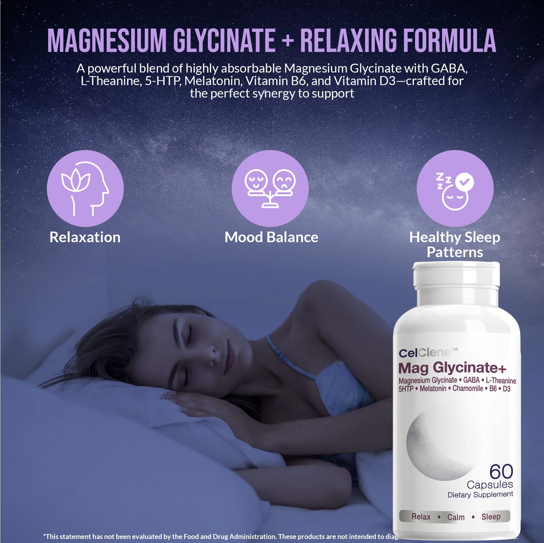 Boîte CELCLENE Magnesium Glycinate+ prête à l’emploi, sans allergènes courants.