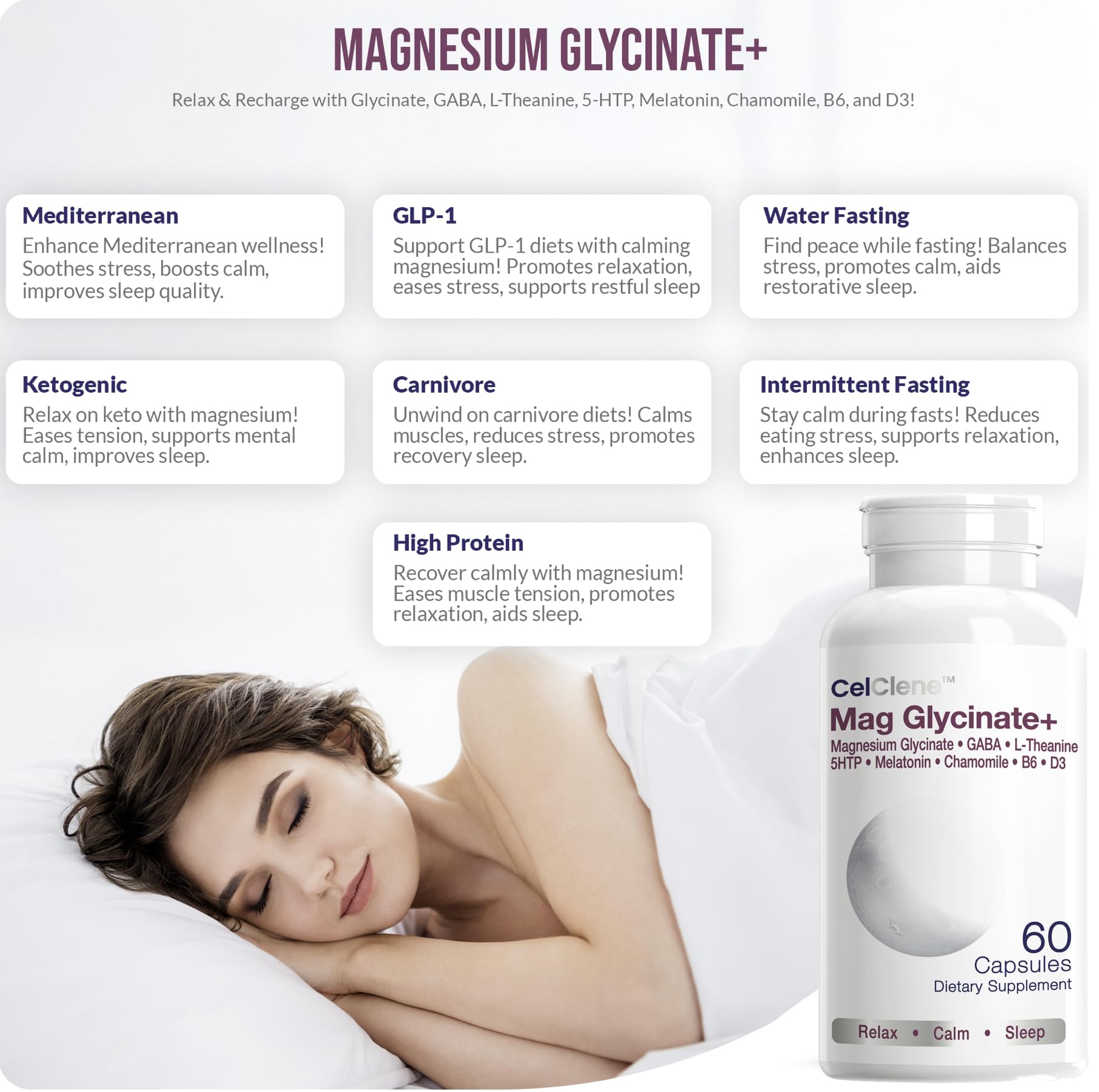 Capsules CELCLENE Magnesium Glycinate+ prêtes à être avalées pour le confort nerveux éventuel.