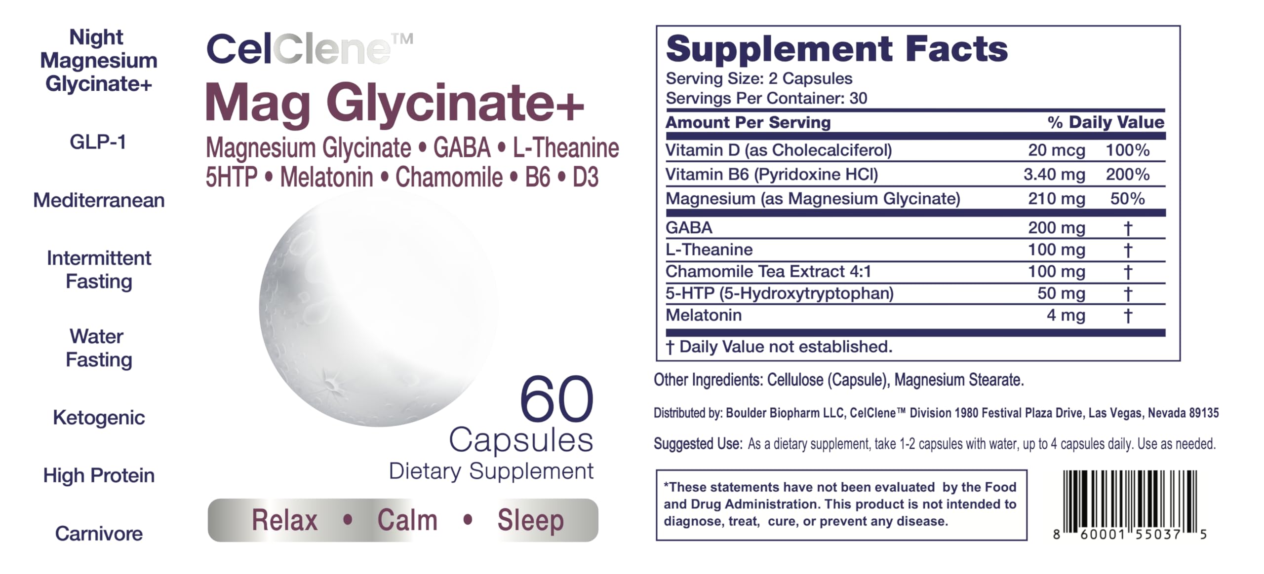 Emballage CELCLENE Magnesium Glycinate+ mettant en avant l’absence de sucre et d’additifs artificiels.