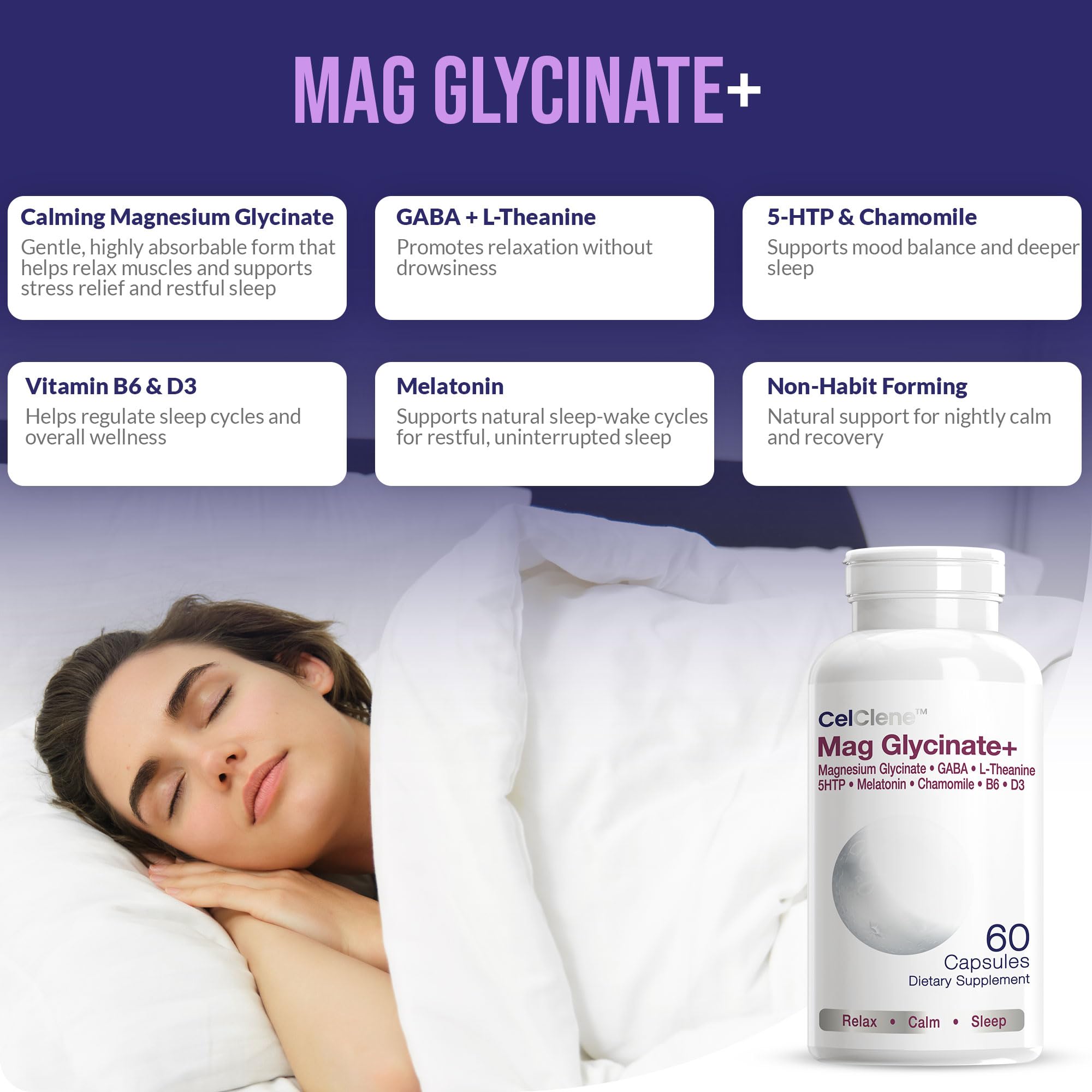Étiquette CELCLENE Magnesium Glycinate+ sur la bouteille, design clair et information clé.