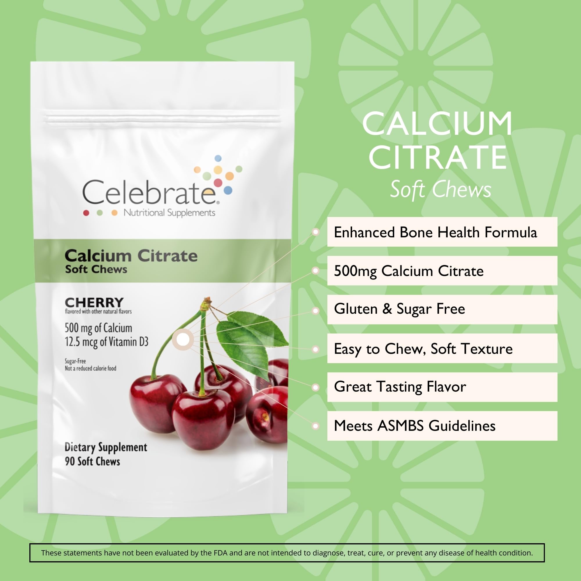 Celebrate Bariatric Calcium Chew – bouchée masticable en gros plan, texture et saveur cerise.