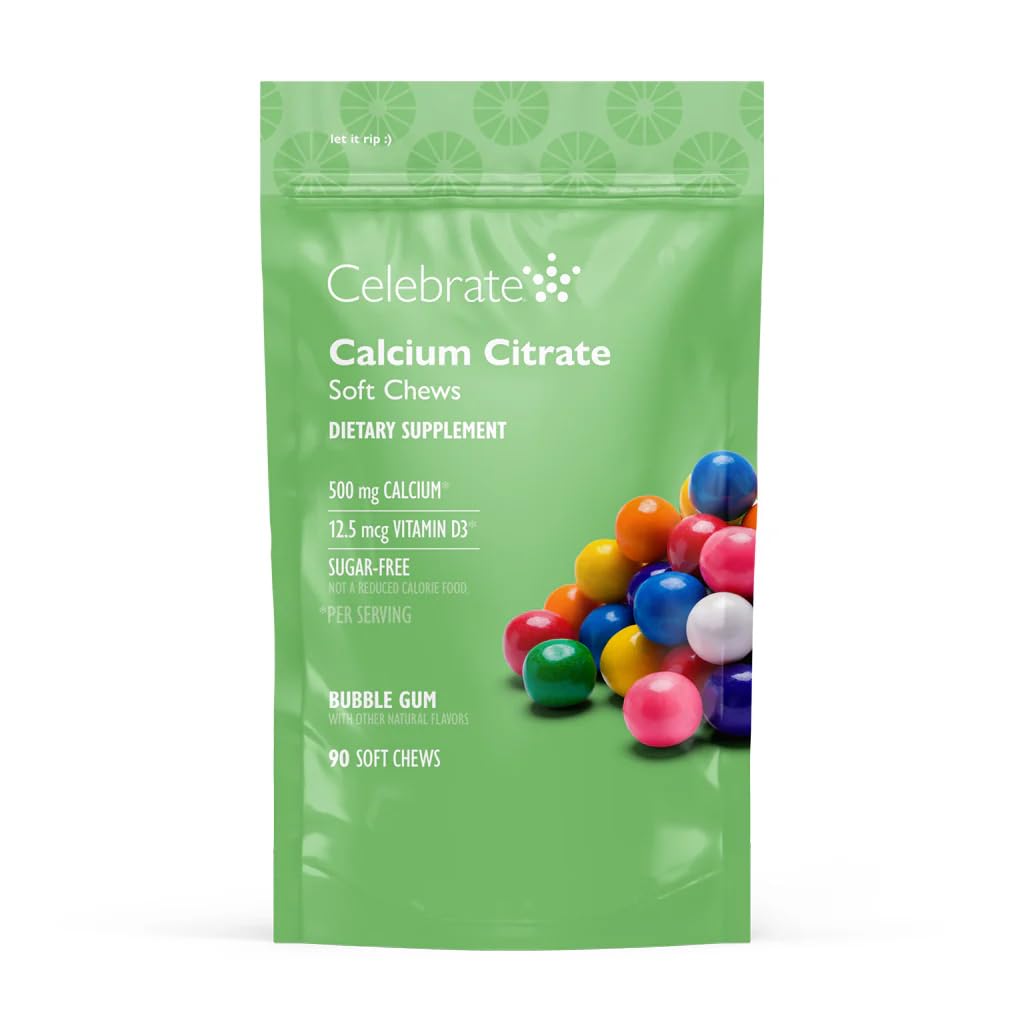 Gommes Celebrate Vitamins Calcium Citrate, emballage pratique pour consommation quotidienne après chirurgie bariatrique.
