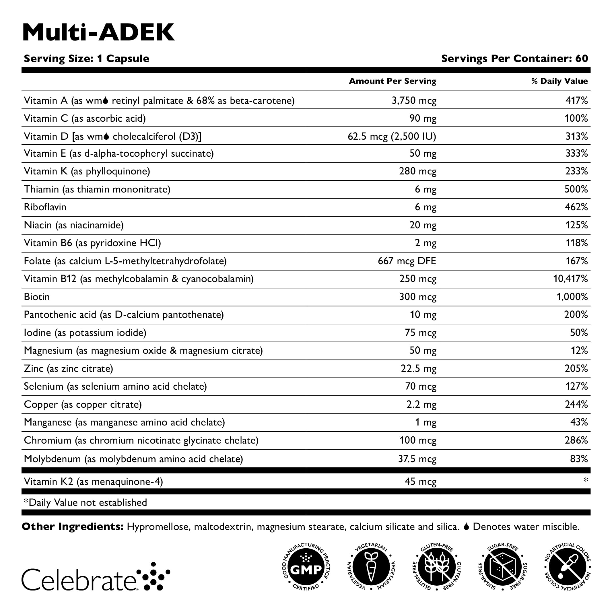 Étiquette Celebrate Vitamins Multi ADEK sans fer avec informations claires.