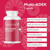 Gélules Celebrate Vitamins Multi ADEK sans fer, faciles à avaler et pratiques.