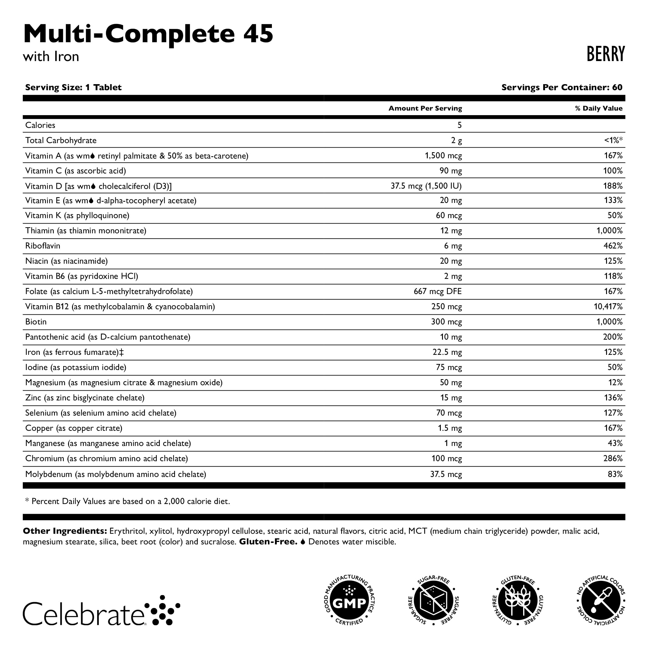 Bouteille Celebrate Multi-Complete Chewables baies prête à l’emploi.