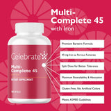 Celebrate Vitamins Multi-Complete, dose divisée fer 45 mg pour tolérance digestive optimale.