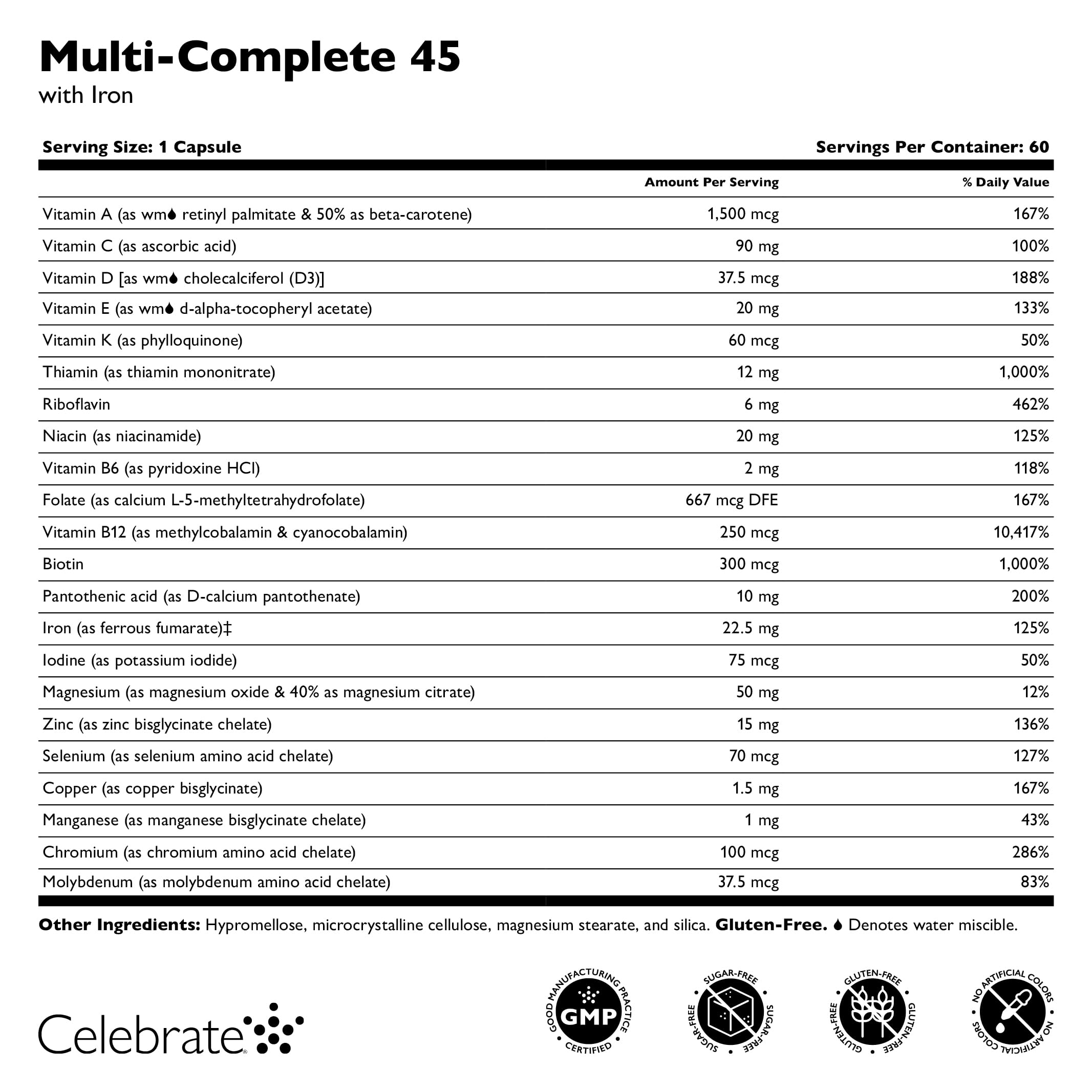 Celebrate Vitamins Multi-Complete, minéraux chélatés favorisant l’absorption dans un milieu faible en acide.