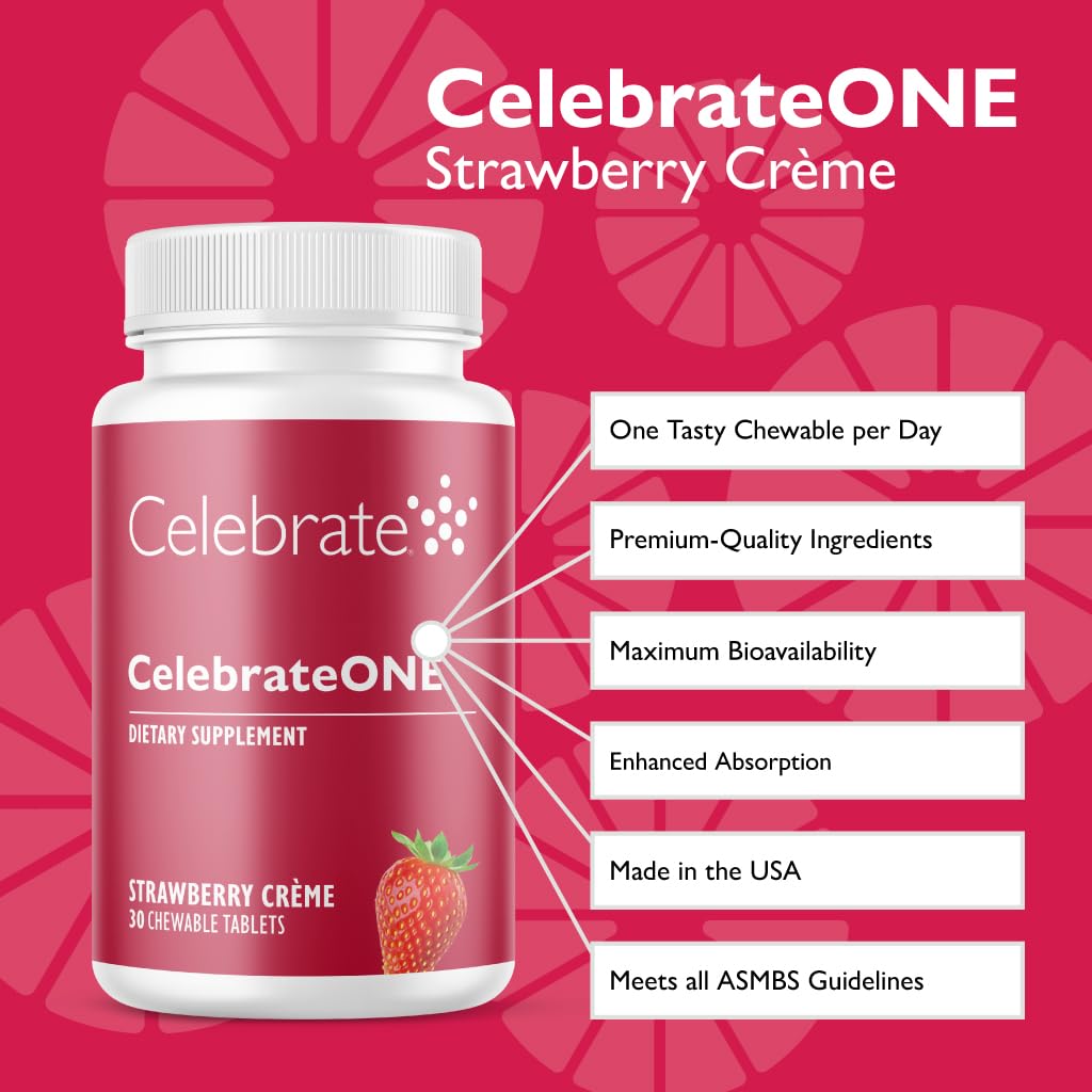 CelebrateONE Chewables: tablettes fraises-crème, goût agréable et soutien nutritionnel post‑chirurgie.
