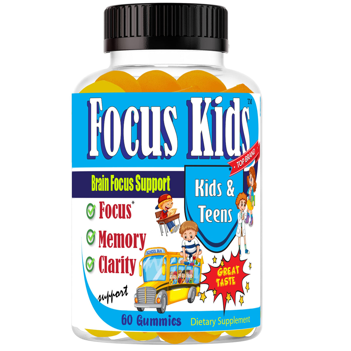 Celebrity LifeStyle Focus Kids Gummies – bouteille colorée soutenant la concentration.