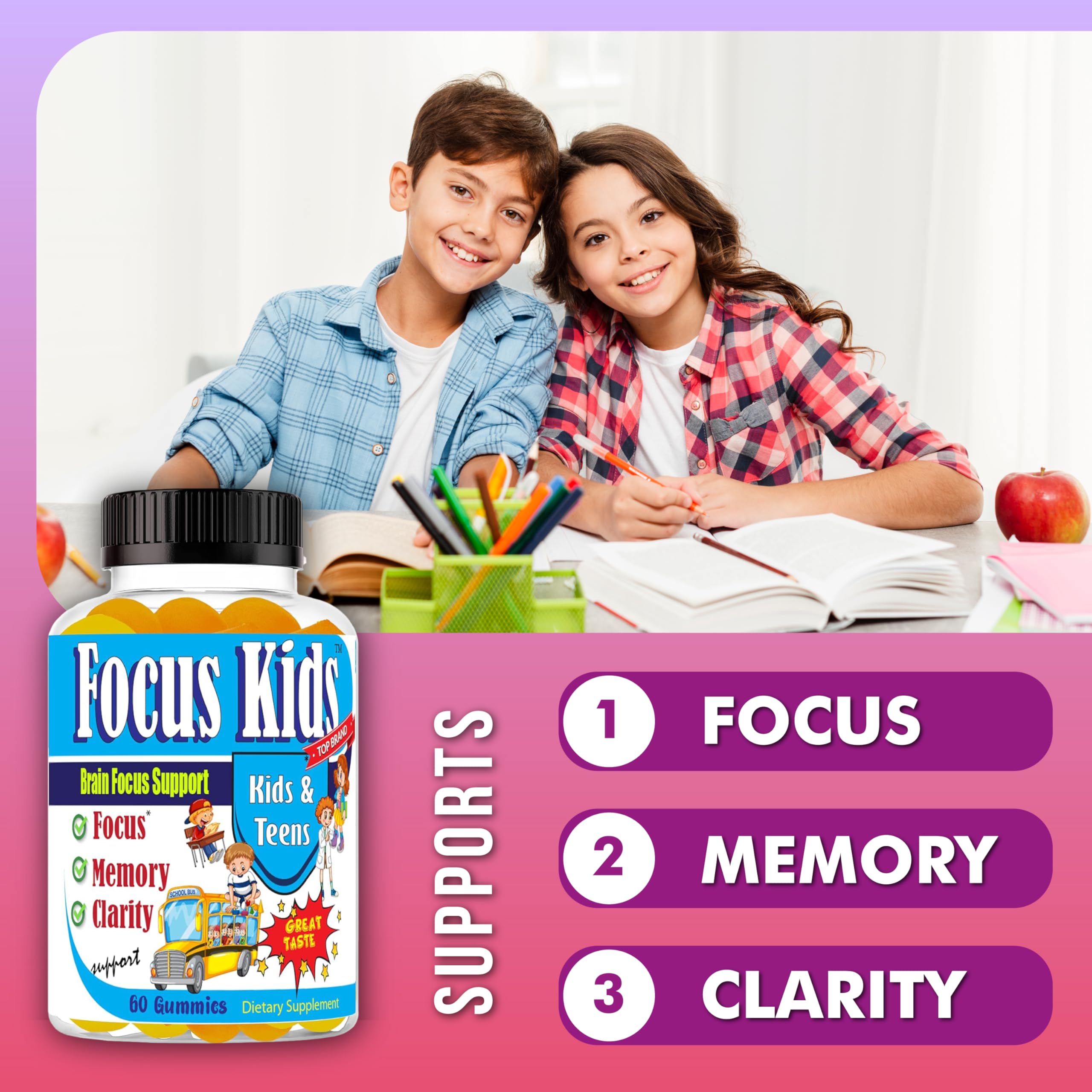 Celebrity LifeStyle Focus Kids Gummies – gommes colorées pour l'attention après l'école.