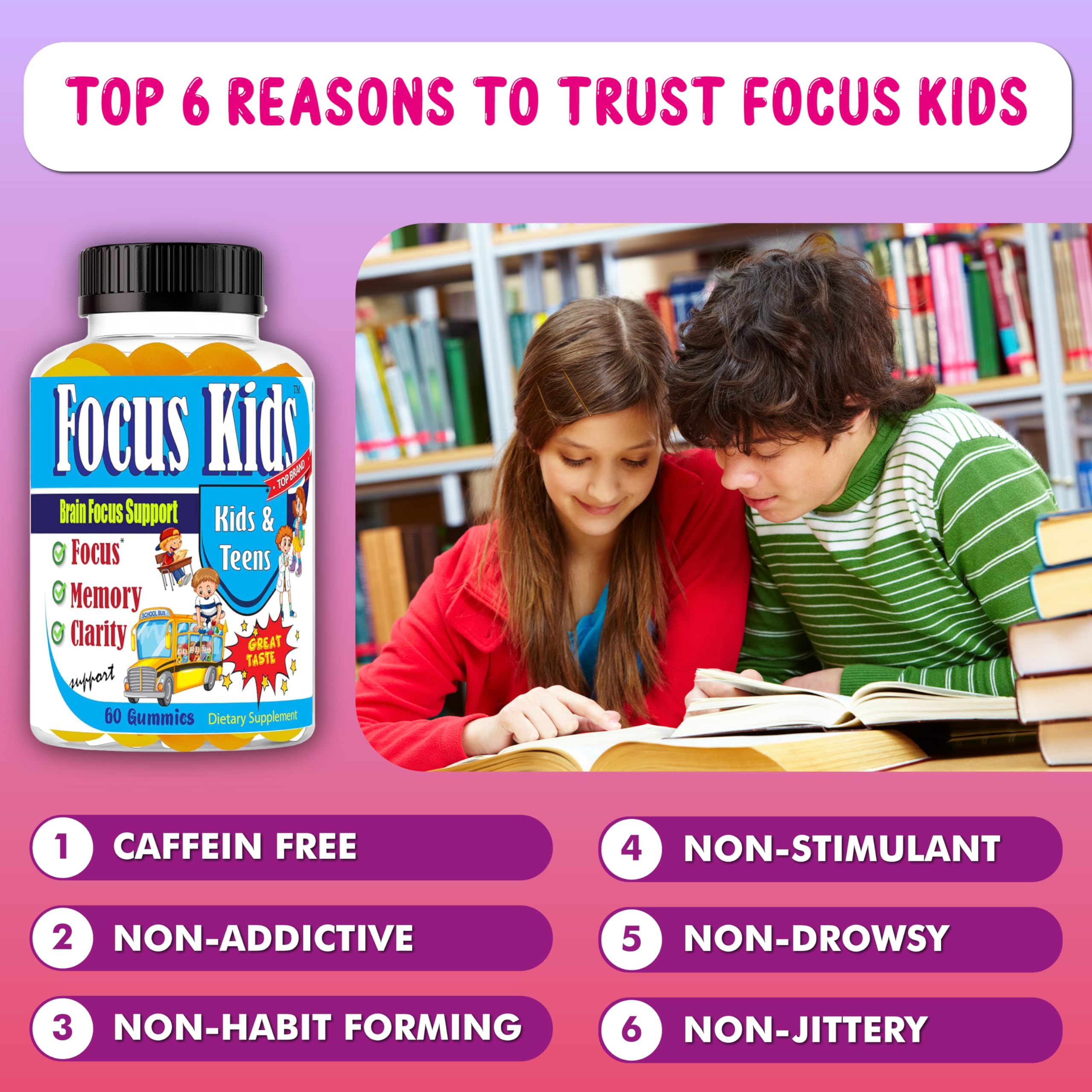 Étiquette indiquant sans caféine et sans stimulant pour Focus Kids.