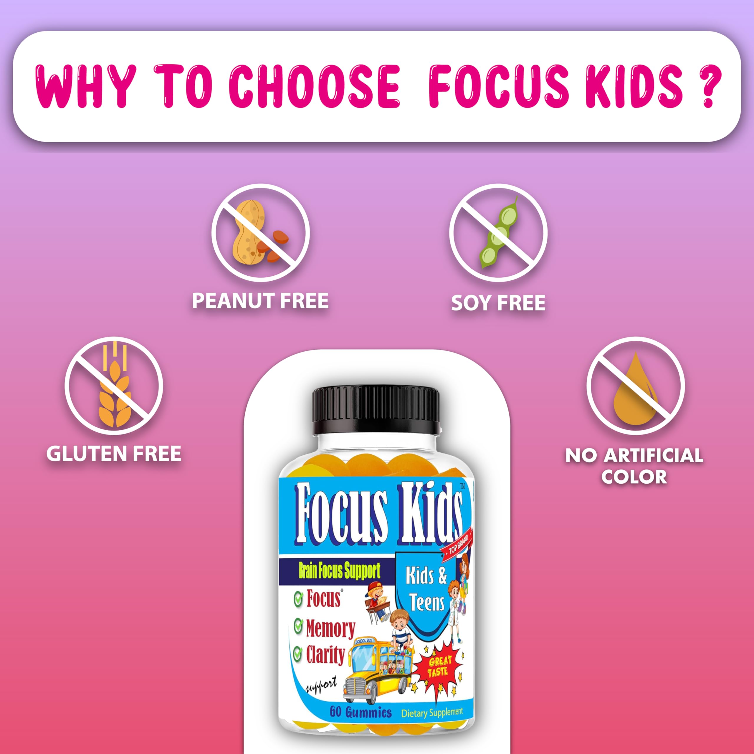 Celebrity LifeStyle Focus Kids Gummies – fabriqué aux États‑Unis et tests de laboratoire.