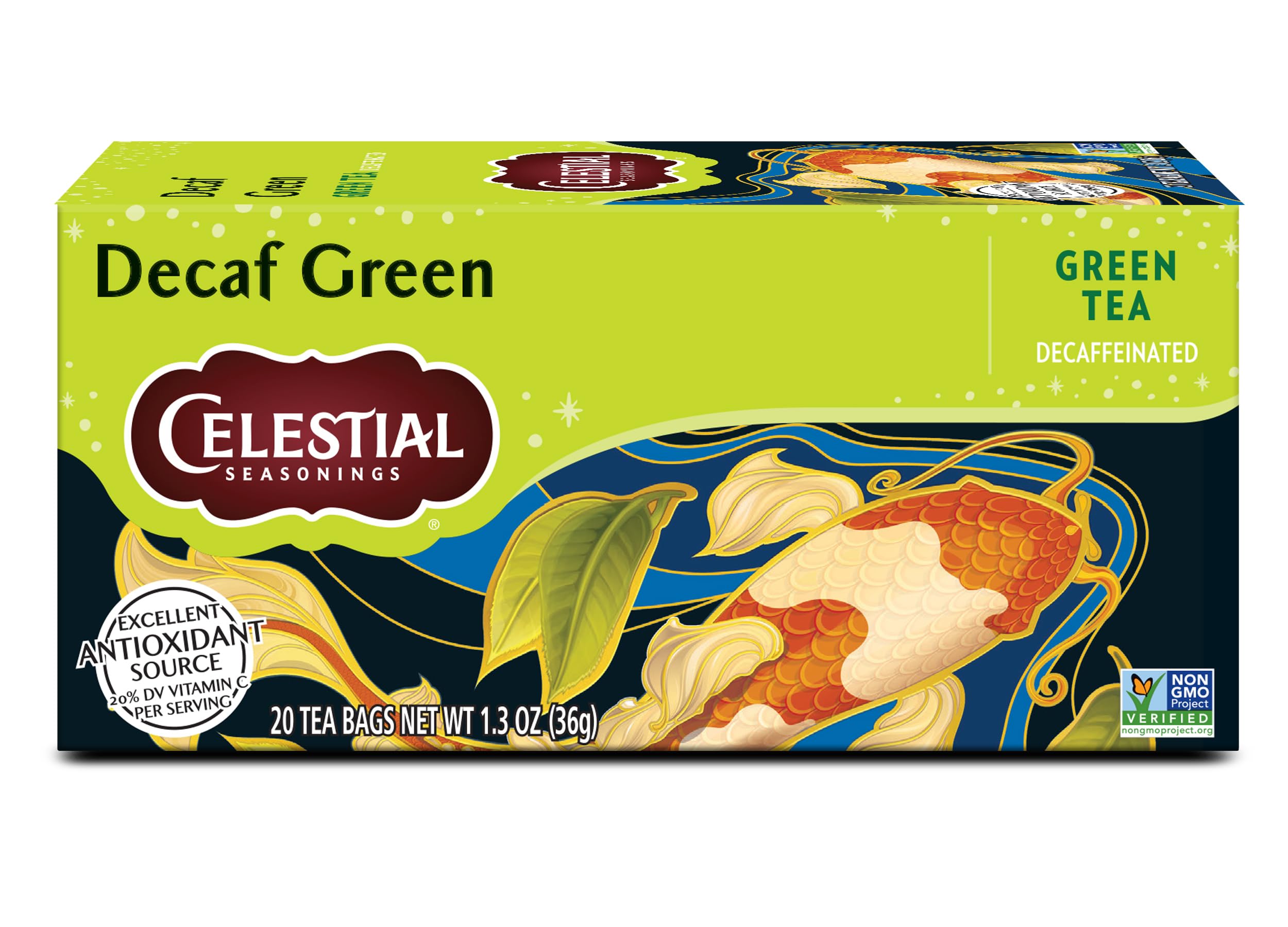 Sachets Celestial Seasonings – thé vert décaféiné, infusion riche sans caféine, parfait en soirée.