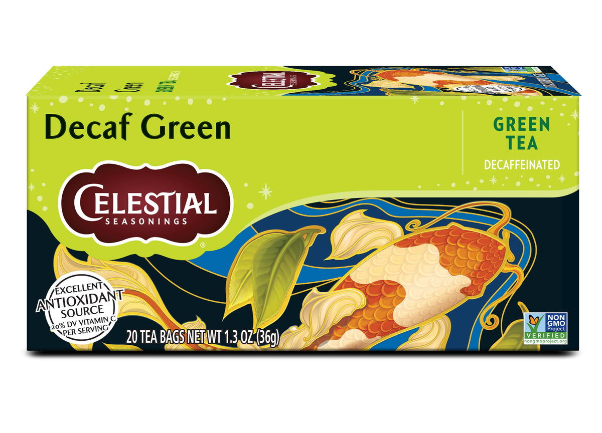 Sachets Celestial Seasonings – thé vert décaféiné, infusion riche sans caféine, parfait en soirée.