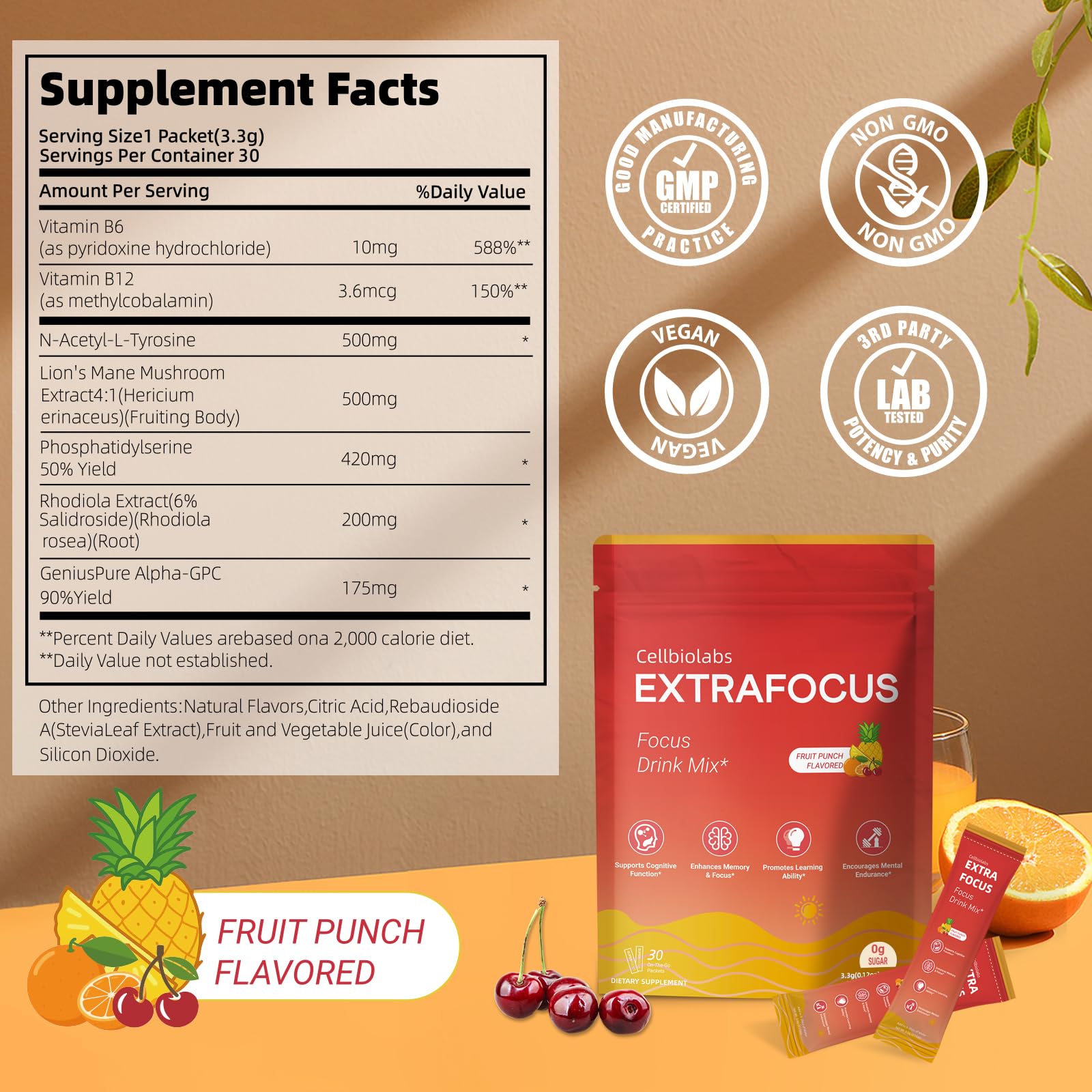 Cellbiolabs Concentration Optimale – goût fruité sans sucre pour énergie légère.