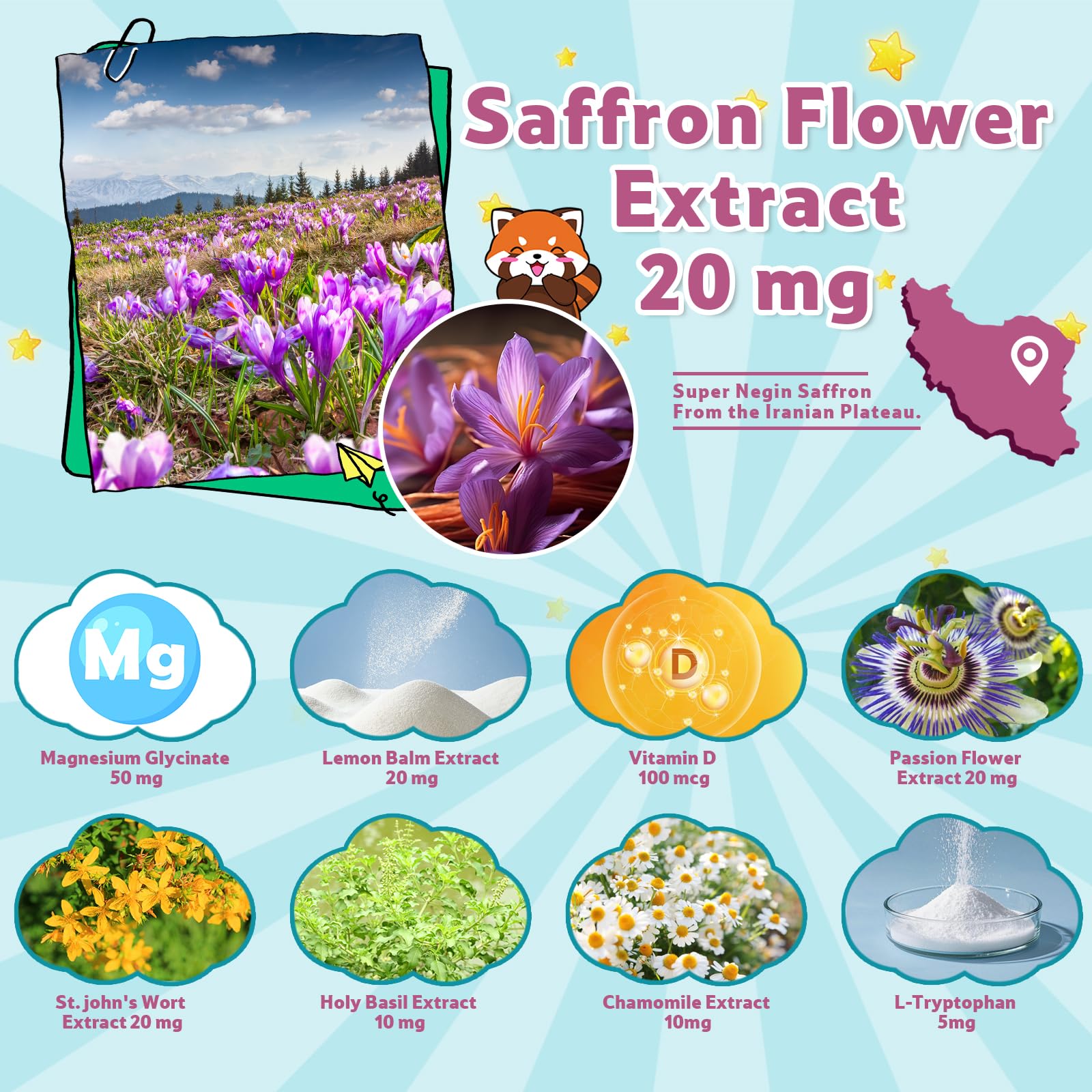 Cellbiolabs safran-l-tryptophane, extrait naturel pour le quotidien des enfants.