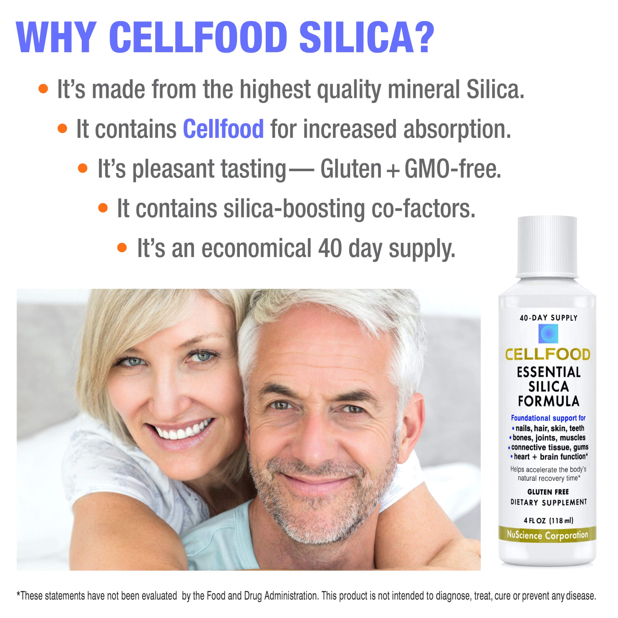 Cellfood Silice Essentielle étiquette: informations claires sur les ingrédients et bénéfices.