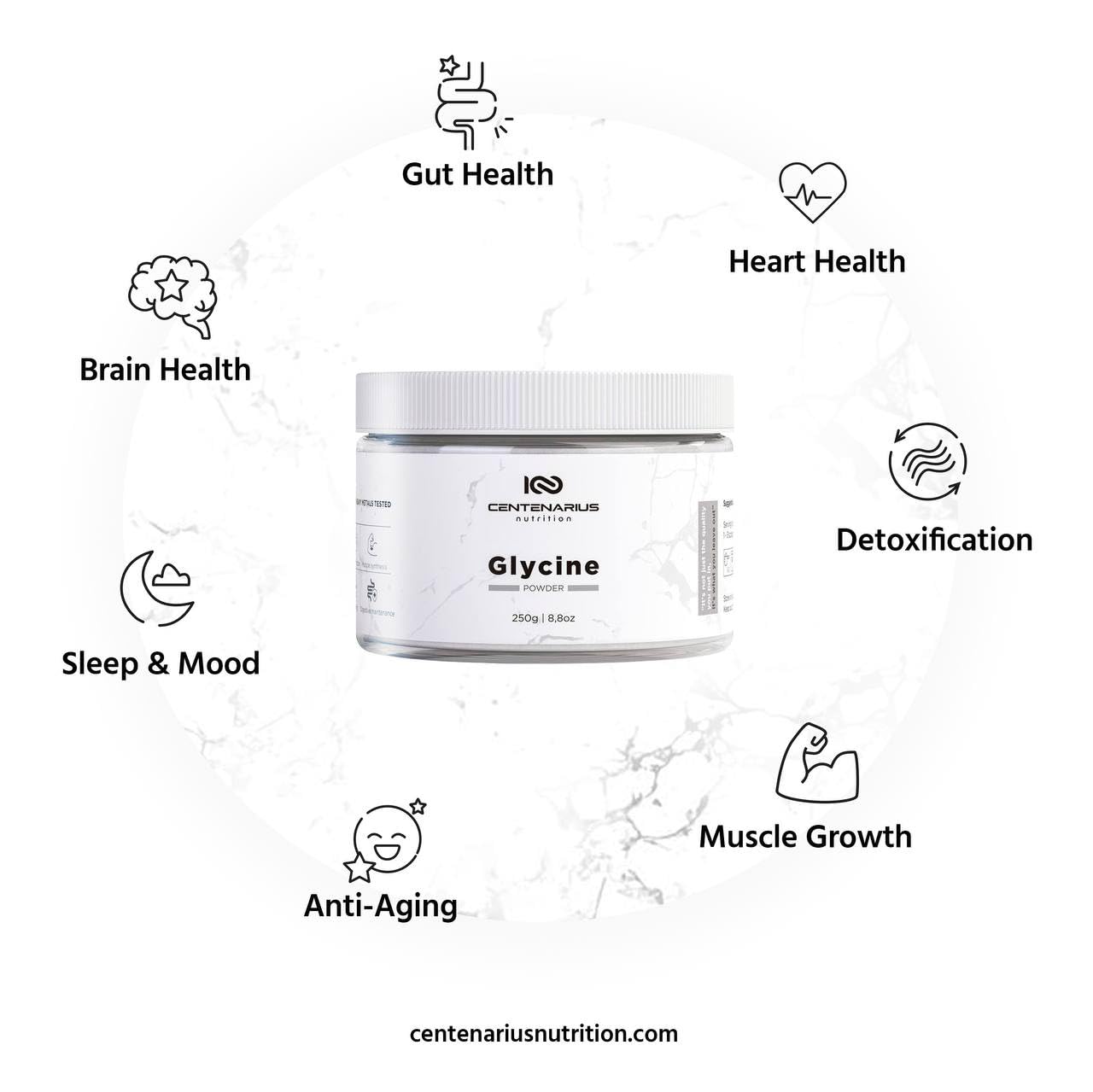 Centenarius Nutrition Glycine Poudre, avant le sommeil, soutien potentiel à un sommeil de qualité.