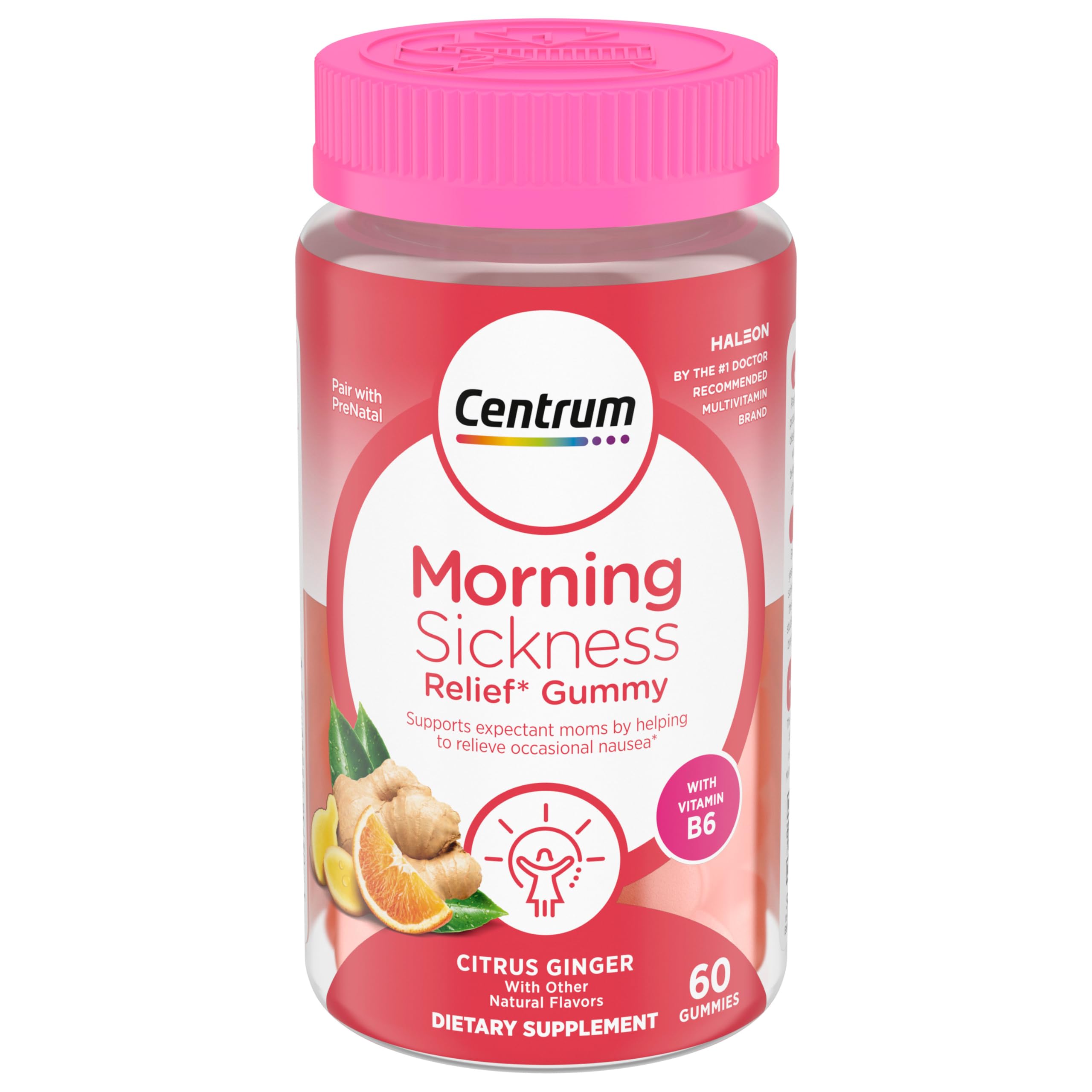 Centre Morning Sickness Relief Gommes gélifiées, bouteille citron-gingembre, pratique contre les nausées quotidiennes.