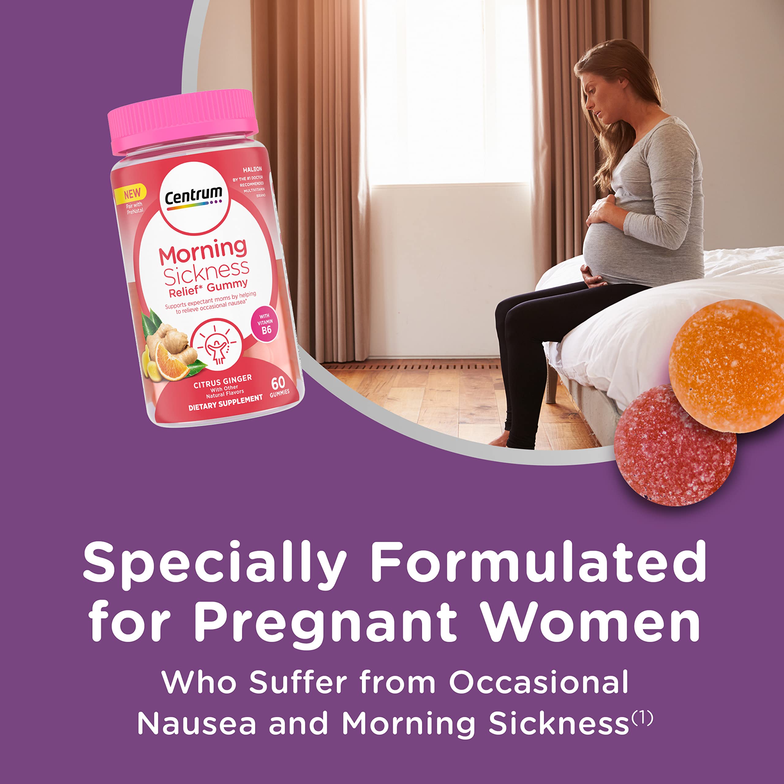 Gommes citron-gingembre Centrum Morning Sickness Relief, goût rafraîchissant et facile à prendre.