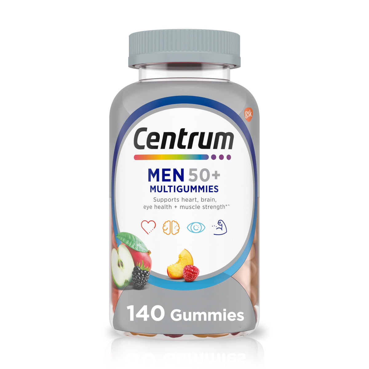 Centrum MultiGummies Hommes 50+ — bouteille de 140 bonbons gélifiés aromatisés.